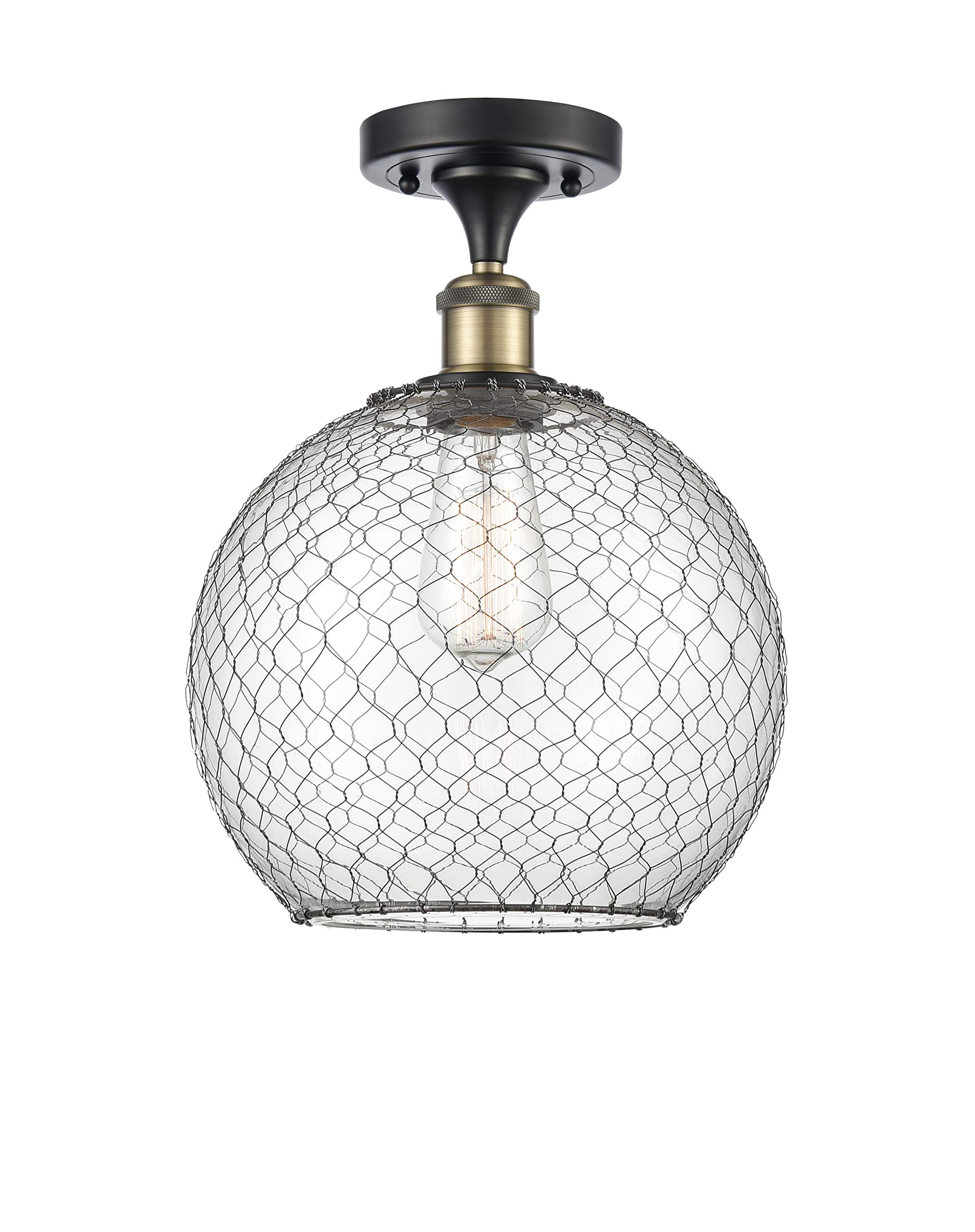 Large Farmhouse Chicken Wire 1 Light Semi-Flush Mount Ceiling Light - Black Antique Brass - Ballston Collection - Rustic Kitchen, Dining Room & Bedroom Lighting Fixture