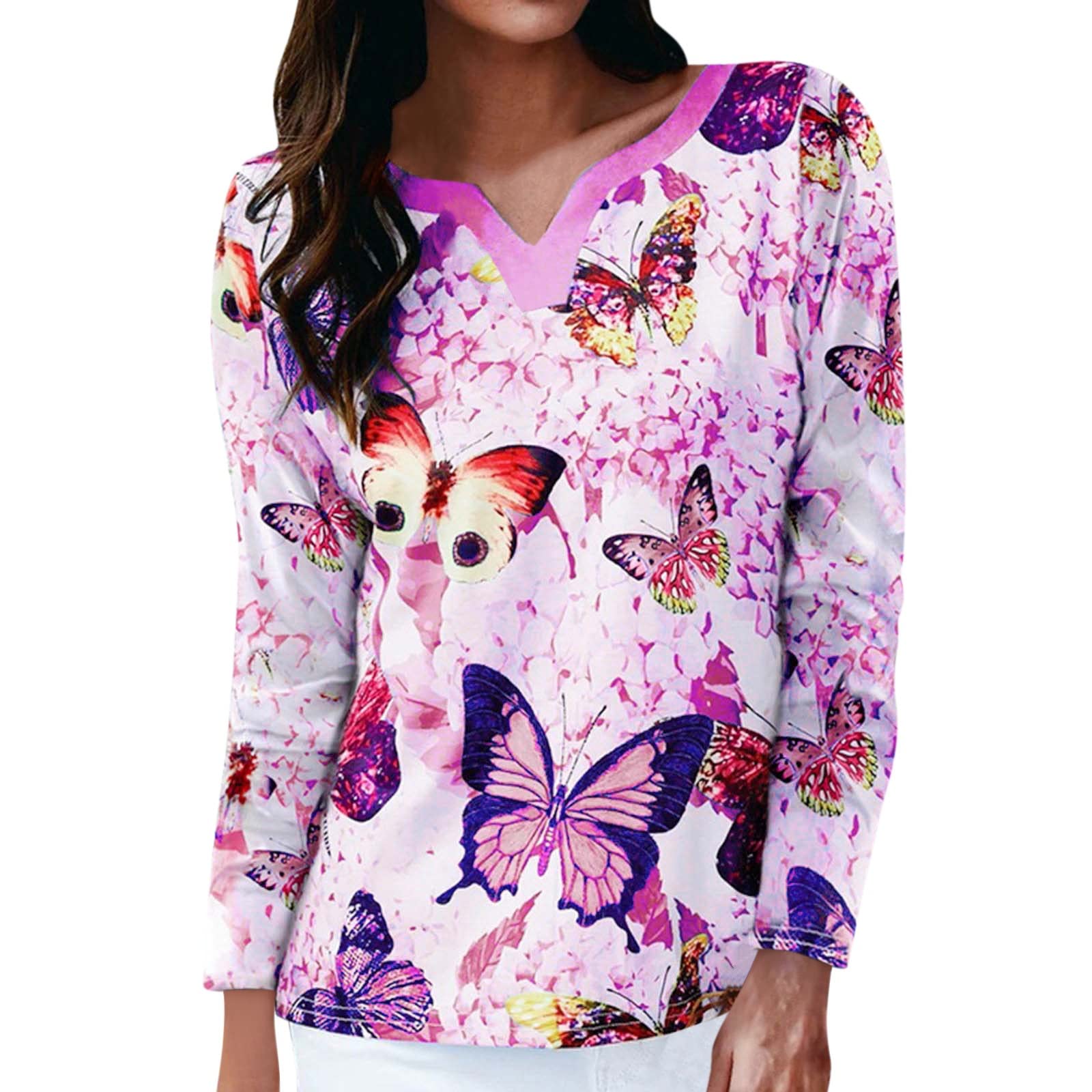 Women's Casual Butterfly Print V-Neck Long Sleeve T-Shirt - Fashion Quote Tee for Juniors | Perfect for Everyday Wear, School, and Weekend Outfits