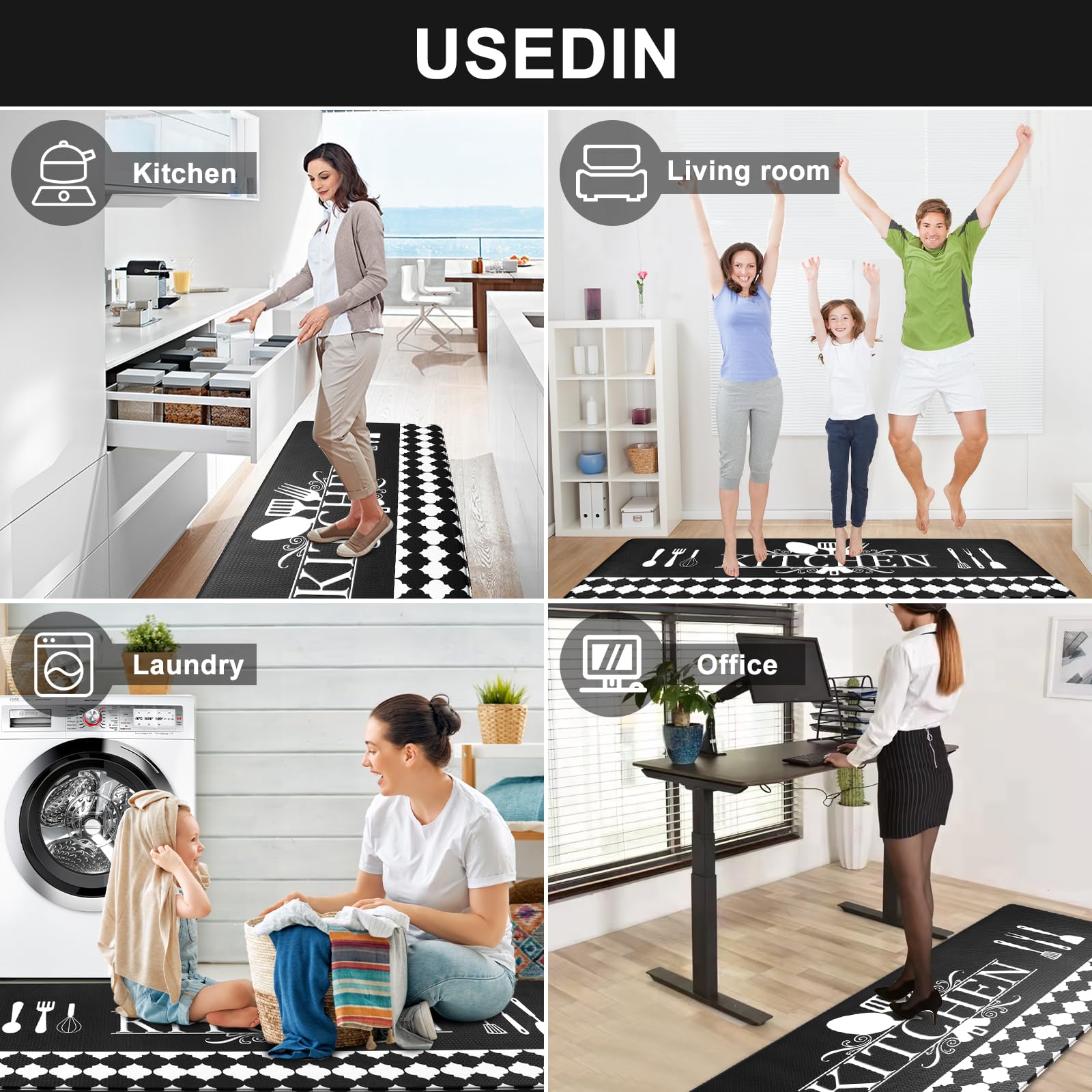 Non-Slip Waterproof Kitchen Rugs - Cushioned Black & White Floor Mats (17.3