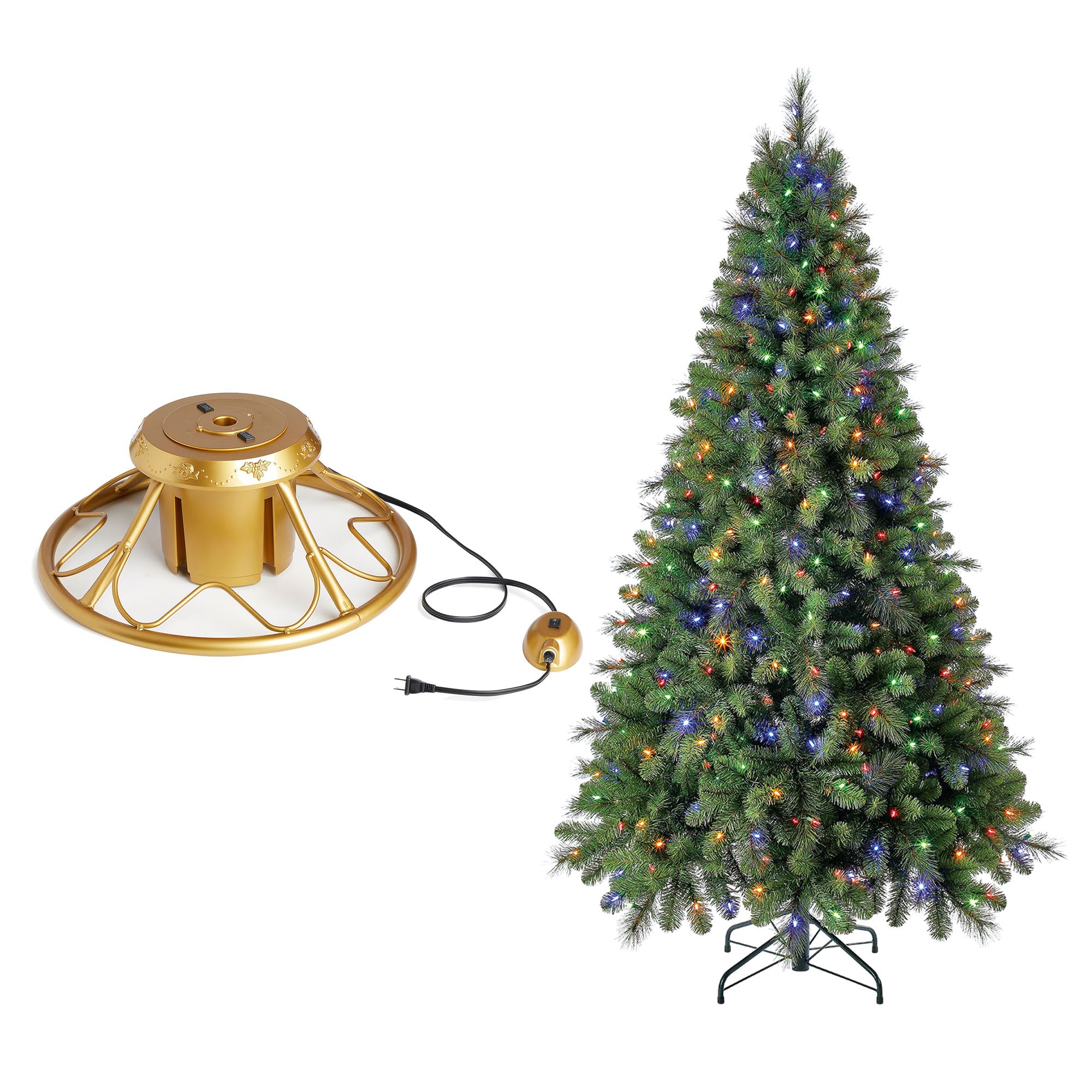 Home Heritage 7ft Pre-Lit Artificial Cascade Pine Christmas Tree with Golden Metal Rotating Stand & On/Off Switch - Perfect for Holiday Decor, Living Room, Office & Festive Gatherings