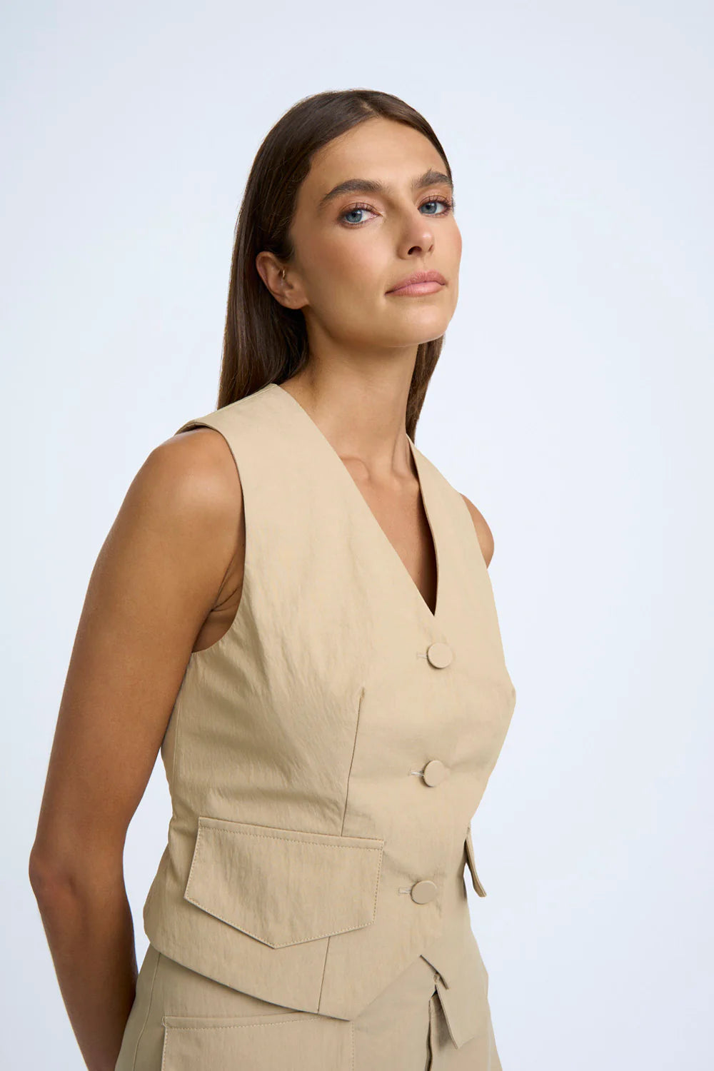 Cargo Cropped Waistcoat in Beige - Stylish & Functional Women's Vest for Outdoor Adventures & Casual Wear