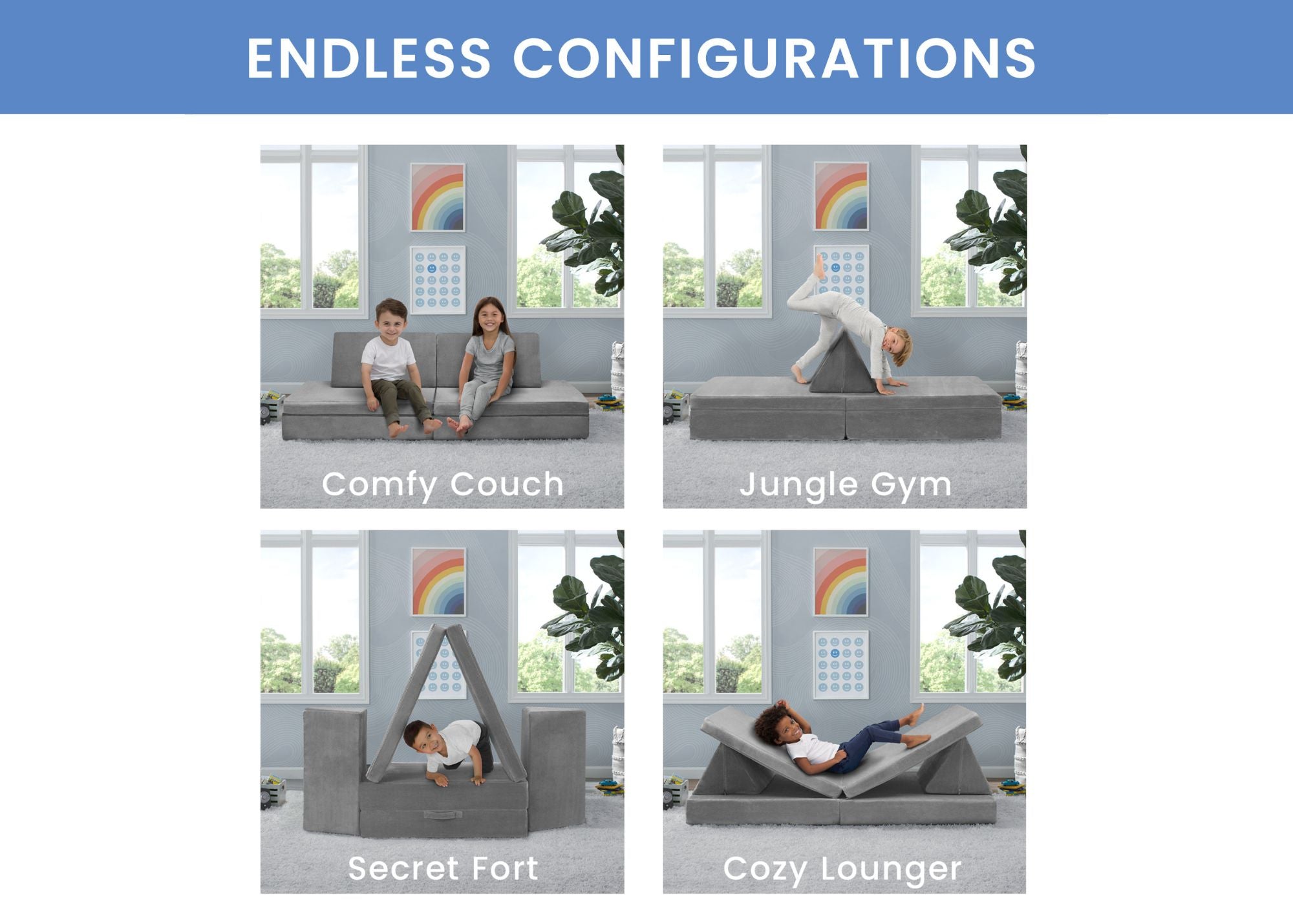Cozee Play Couch & 4-Piece Lounger Set - Kids Play Furniture for Indoor & Outdoor Use - Perfect for Playrooms, Living Rooms, and Backyard Fun