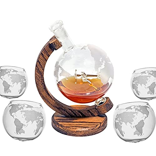 P51 Mustang Airplane Globe Whiskey Decanter Set with 4 Glasses - 1000ml Aviation-Themed Bar Decor for Bourbon & Wine Lovers - Perfect Pilot Gift, Flight School Graduation Present & Air Force Gifts for Men - Ideal for Home Bars, Man Caves & Cocktail Parties