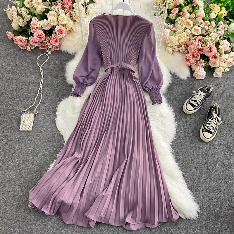 High Waist Round Neck Swing Dress - Elegant Pleated Long Skirt for Women | Spring & Autumn Fashion | Perfect for Office, Party & Casual Wear