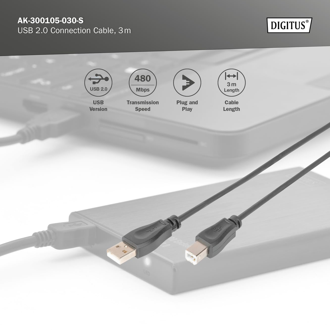 Digitus 3m USB 2.0 Cable A Male to B Male Black - High Speed Data Transfer for Printers, Scanners & External Hard Drives | Office & Home Use