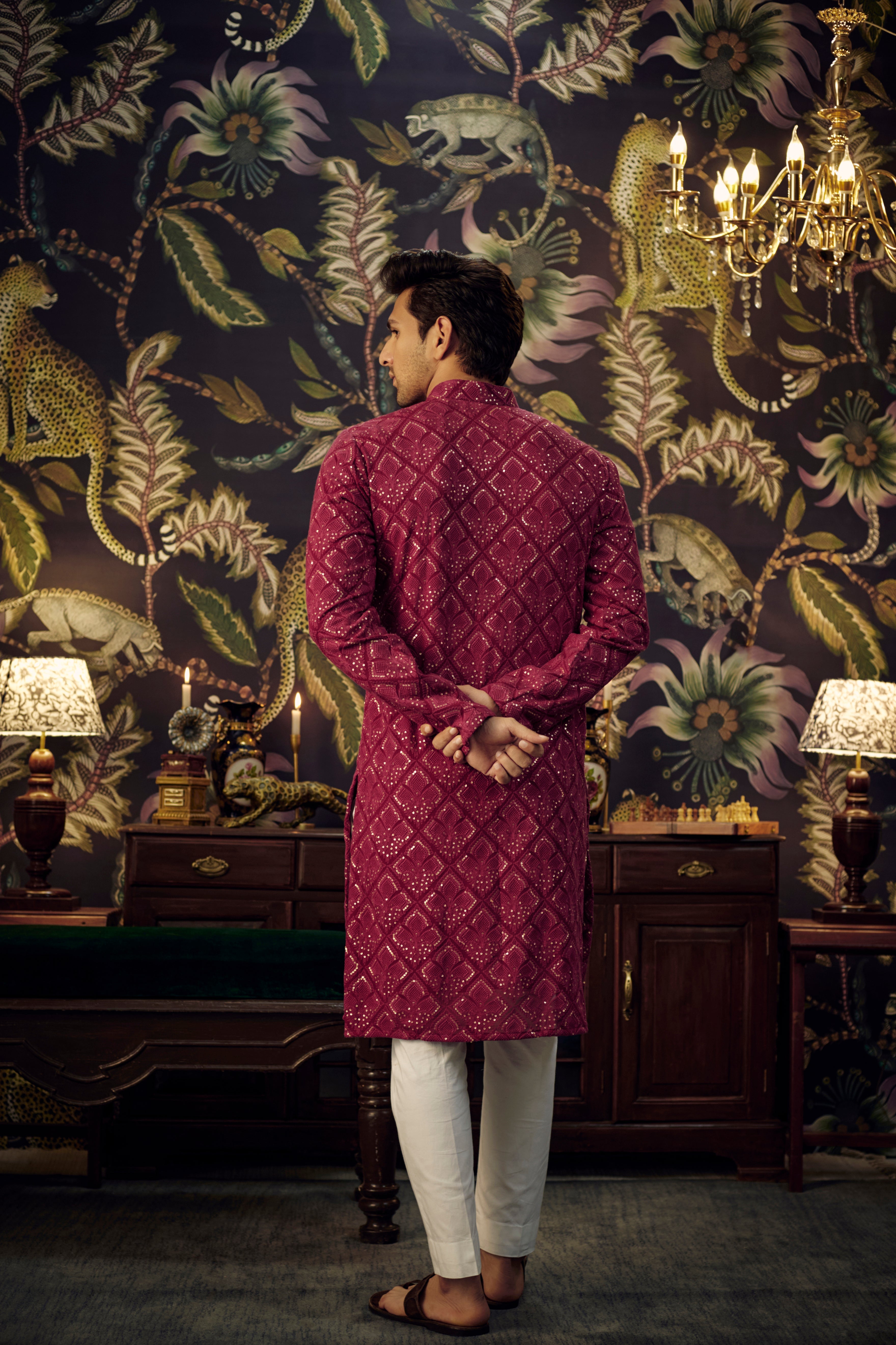 Elegant Maroon Chikankari Kurta with Tone-on-Tone Thread & Sequins Embroidery - Perfect for Festivals, Weddings, and Ethnic Parties