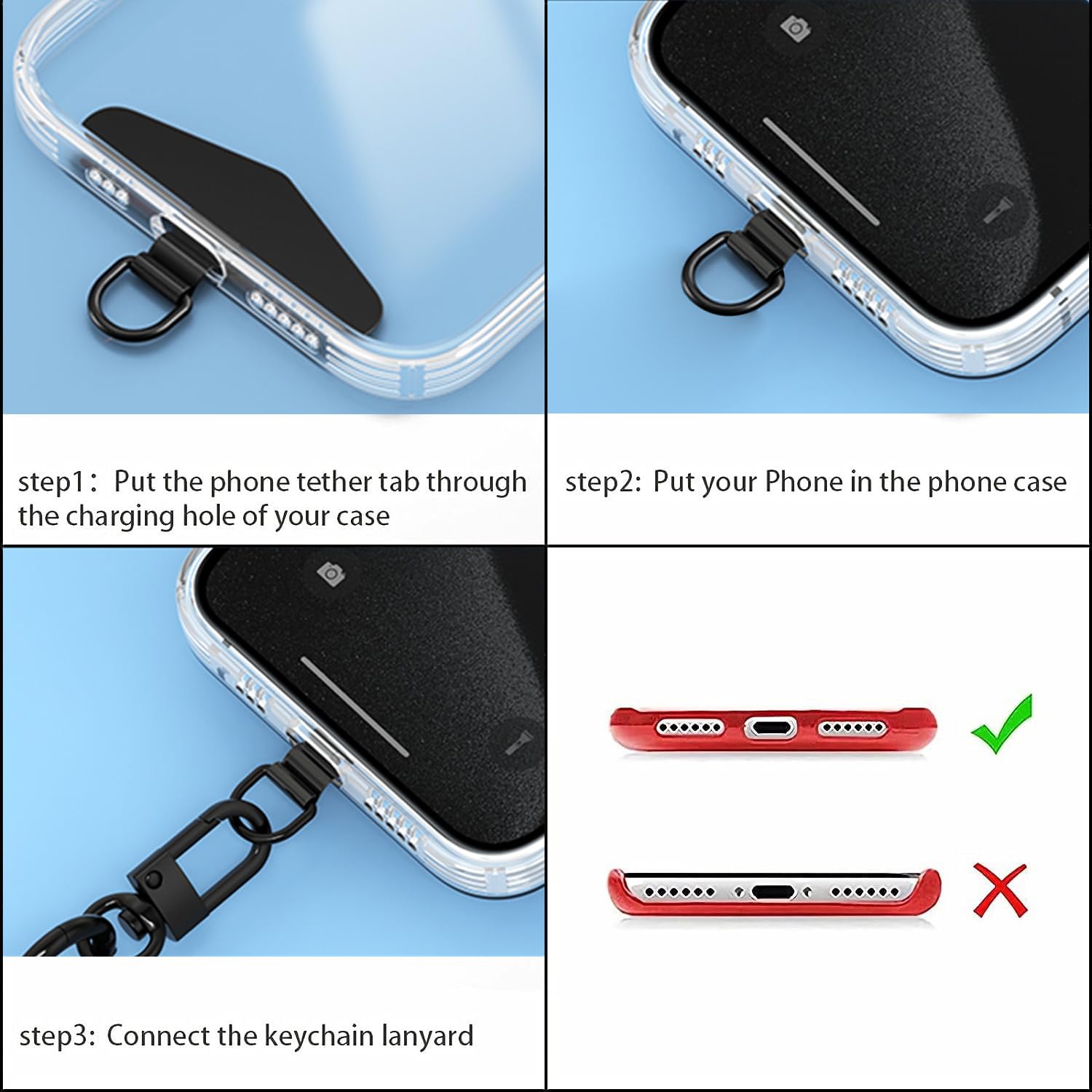 TENOC Metal Phone Tether Tab - Universal Cellphone Lanyard Patch for Full Phone Case (2 Pack, Black & Silver) - Secure Your Phone for Outdoor Activities, Travel & Daily Use