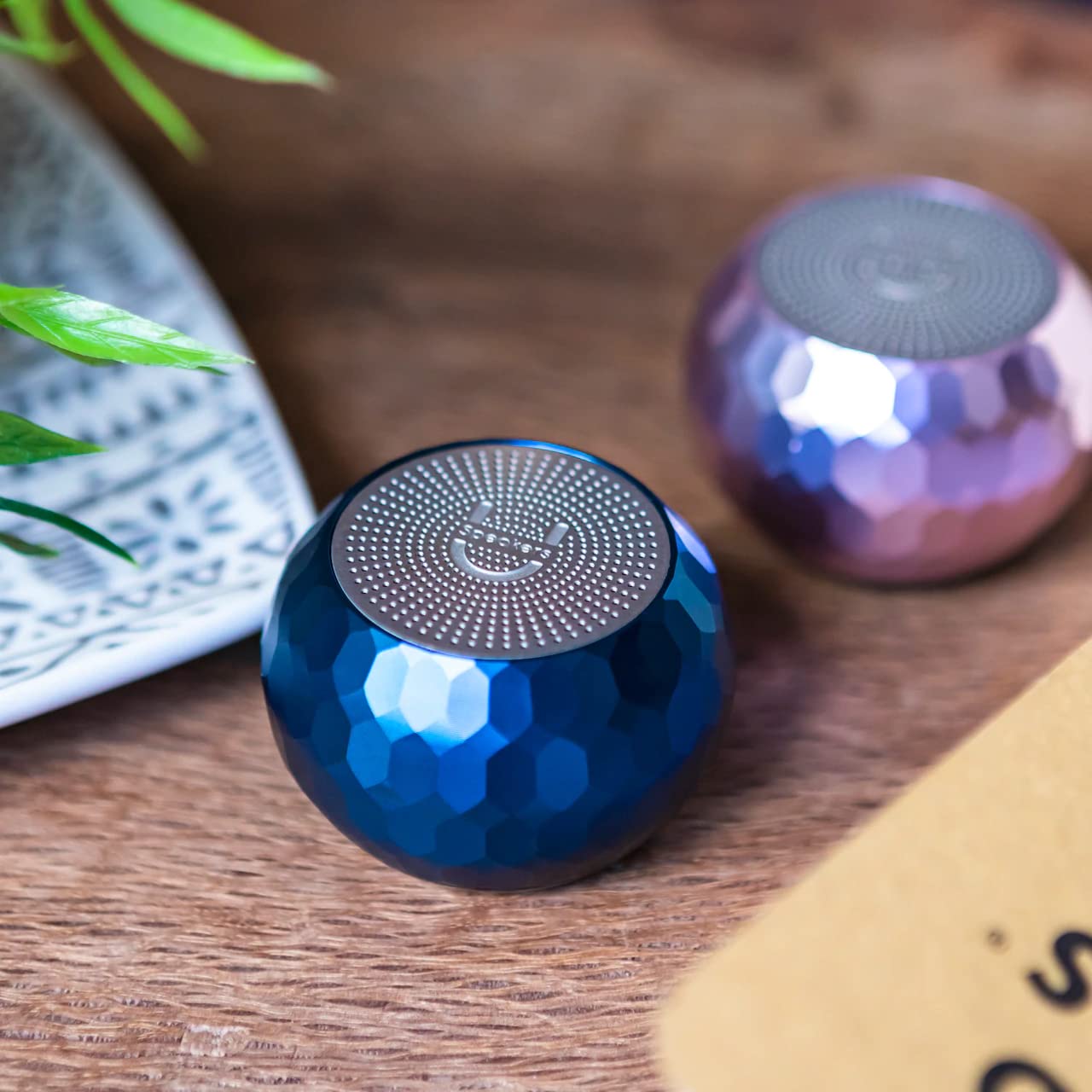 Mini Bluetooth Computer Speaker 2-Pack with Built-in Mic & Selfie Remote - Wireless Portable Speakers for Workspace, Desktop, Laptop, Mobile, Tablet, PC - Glam Midnight Blue - Perfect for Home Office, Video Calls & Music Streaming