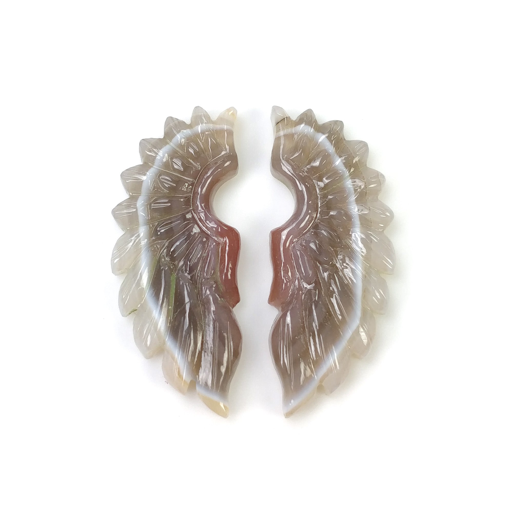 Natural Botswana Striped Agate Gemstone Carving - 30.50cts Bi-Color Hand Carved Angel Wings 34x13mm Pair (With Video) - Perfect for Jewelry Making, Crystal Healing & Spiritual Gifts
