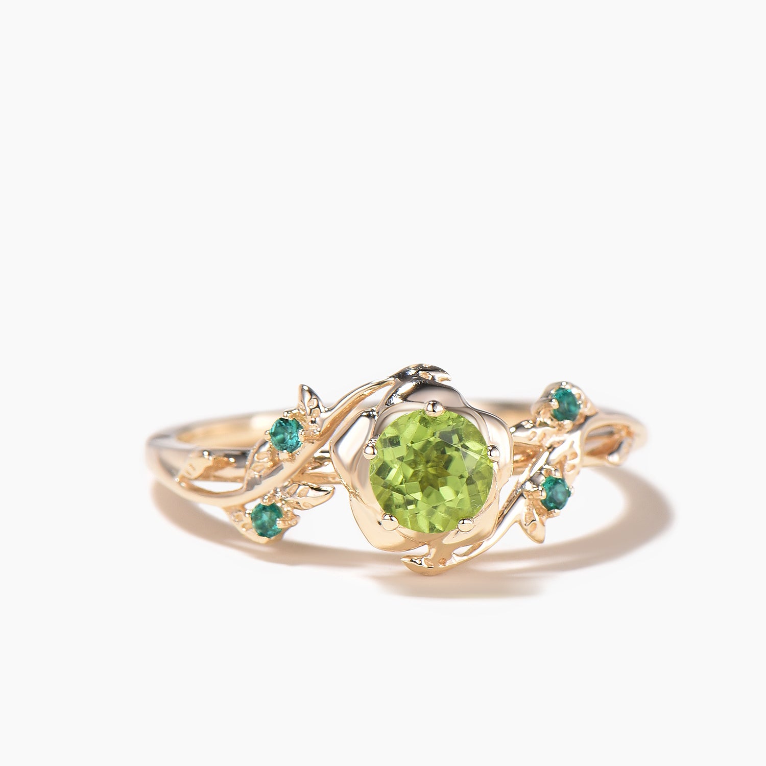 Exquisite Round Cut Peridot Floral Engagement Ring - Emerald Leaf Nature Inspired Wedding Band for Women | Perfect for Bridal, Anniversary, and Romantic Occasions
