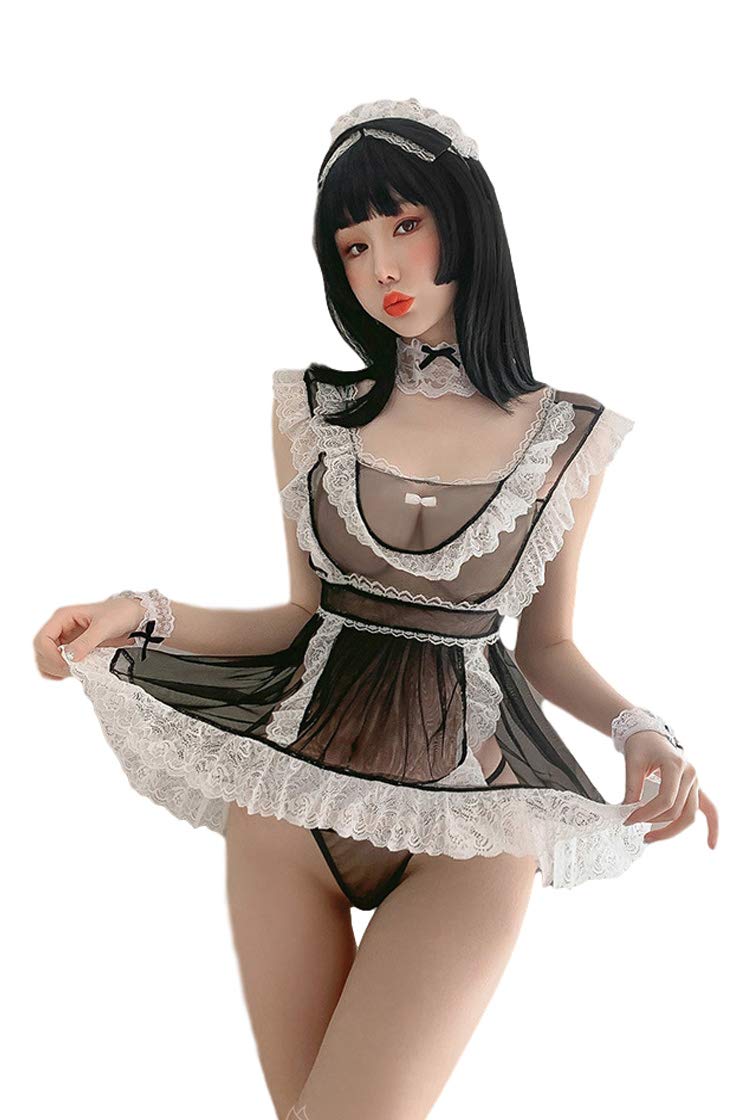 Sexy French Maid Lingerie Costume for Women - Black Lace Cosplay Outfit with Panty Set | Halloween, Role Play, Boudoir Photoshoot