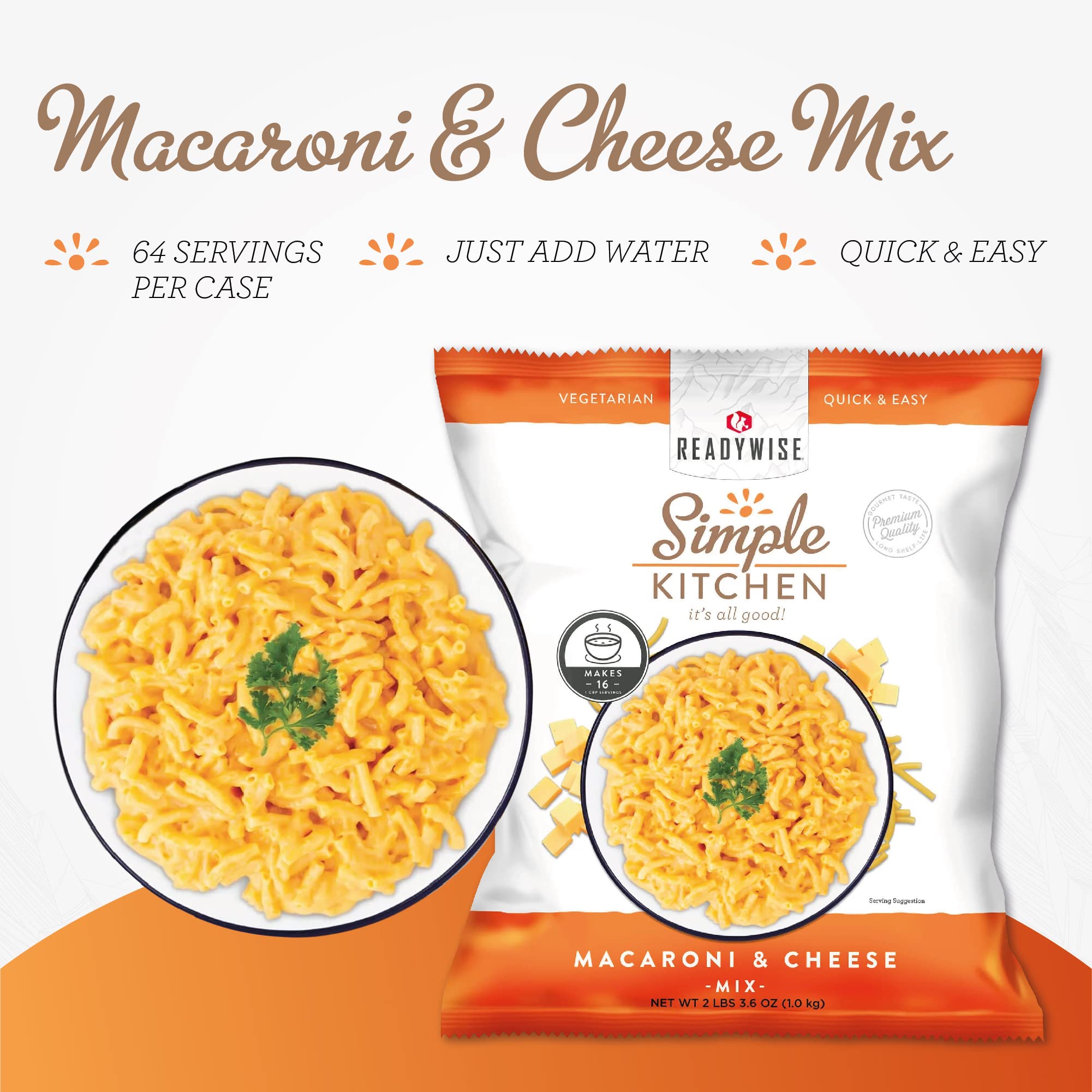 READYWISE Simple Kitchen Macaroni and Cheese - 16 Servings per Pack (Pack of 4) | Vegetarian MRE for Hiking, Camping, Emergency Food Supply | Perfect for Meal Prep, Daily Use & Outdoor Adventures