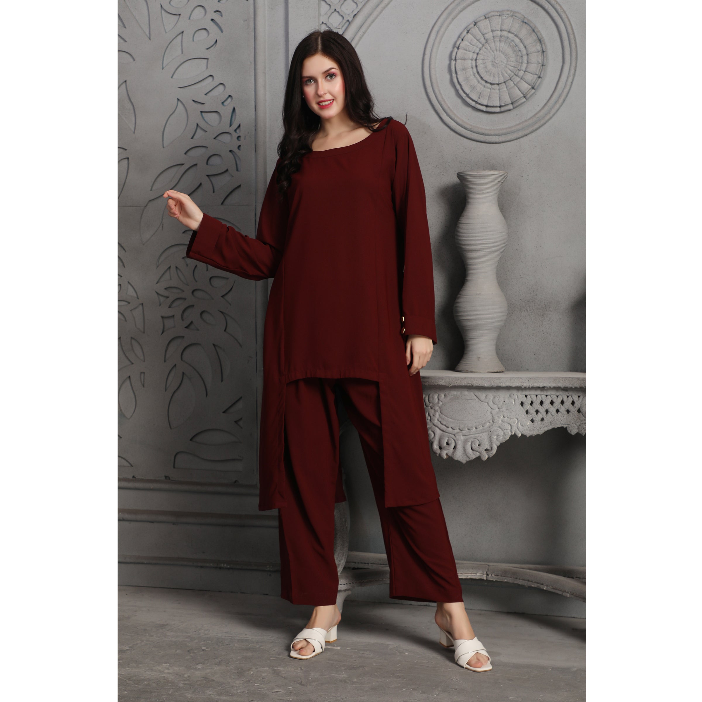 Stylish Deep Maroon Designer Pant & Top Coord Set for Women | Elegant Matching Outfit for Parties, Work & Casual Wear | Perfect for Date Nights, Office & Social Events