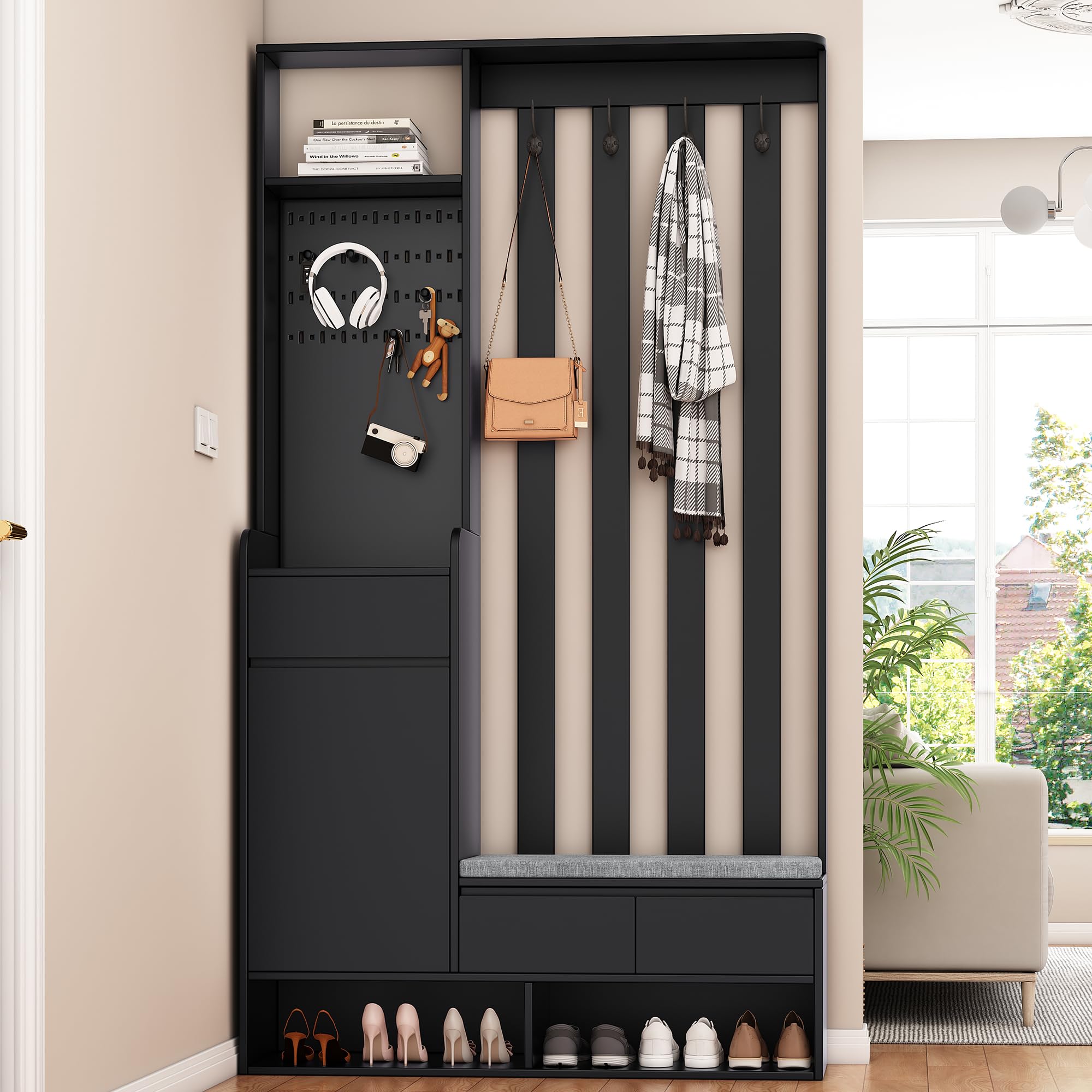 Merax Entryway Hall Tree with Shoe Storage Bench, Coat Rack & 4 Hooks - Black | Space-Saving Organizer for Entryway, Hallway & Mudroom Organization