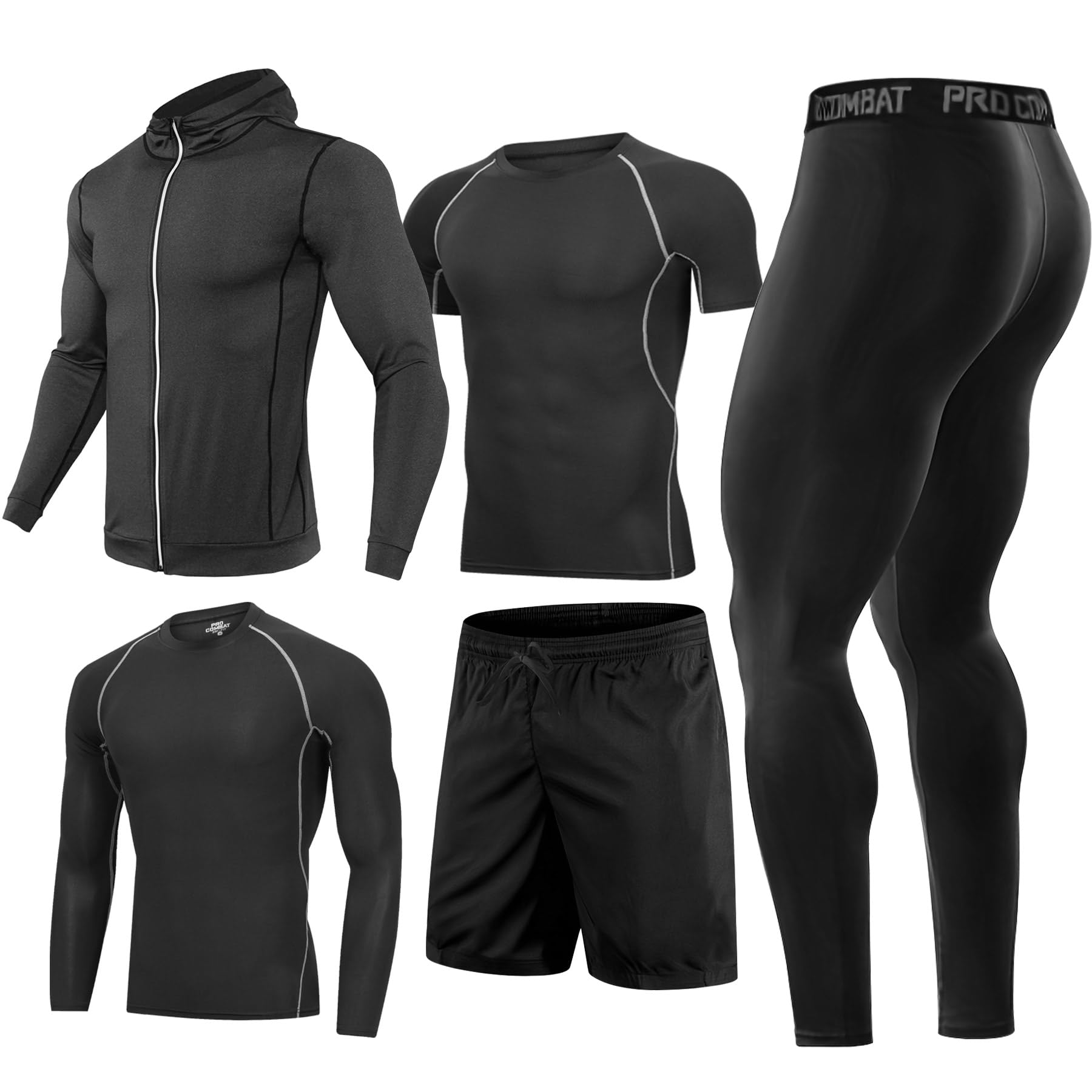 BOOMCOOL Men's Workout Outfit - Compression Pants & Long Sleeve Shirt Top Jacket for Gym, Running & Training - Black Fitness Apparel for Active Lifestyle