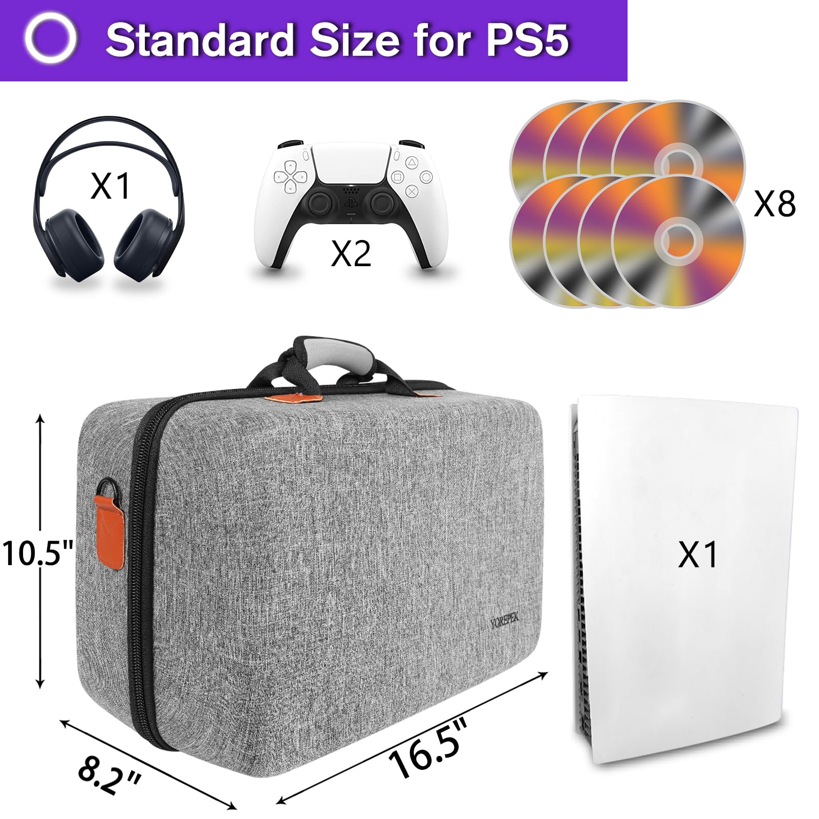 YOREPEK Hard Shell Travel Case for PS5 & PS5 Pro - Protective Storage Bag Compatible with Playstation 5 Digital Edition, Console, 2 Controllers, Headset & Gaming Accessories (Grey) - Perfect for Travel, Storage & Gaming Setup Protection