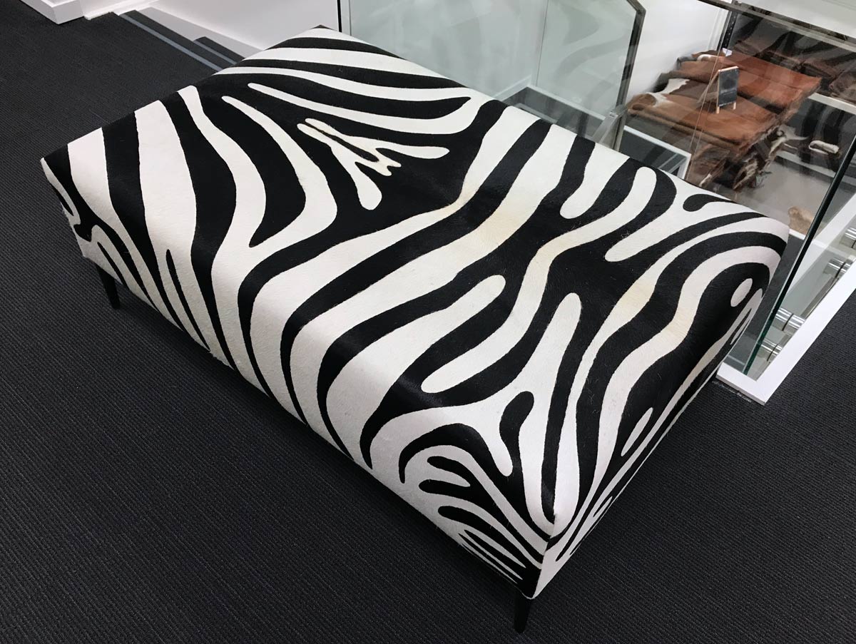 Premium Zebra Cowhide Ottoman with Black Metal Legs - 43