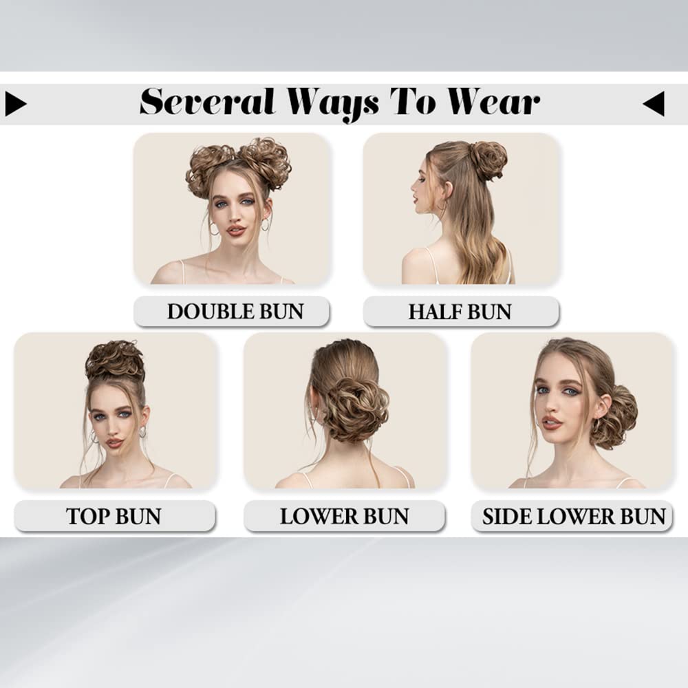 OMGREAT 2PCS Thick Messy Bun Hair Extensions - Curly Wavy Ponytail Hairpieces for Women | Light Chestnut Brown | Perfect for Updos, Parties & Everyday Wear