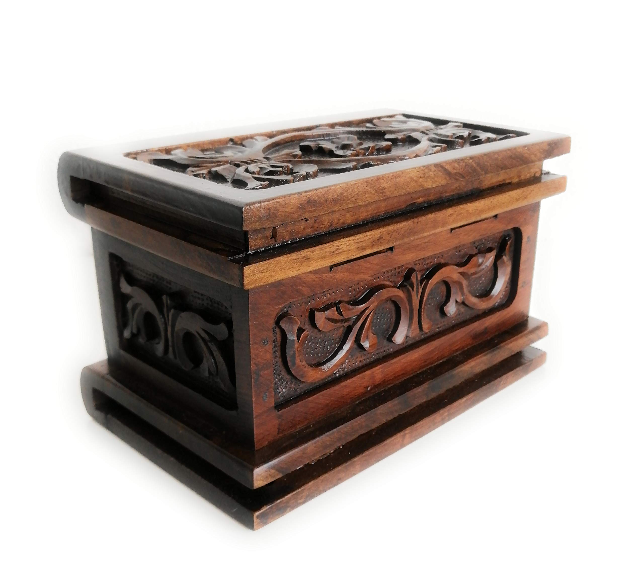 Handmade Wooden Jewelry Box with Puzzle Lock - Natural Walnut Carved Storage Organizer for Necklaces, Rings & Valuables | Unique Gift Box for Women, Birthday & Anniversary Presents | Home Decor & Treasure Chest for Kids