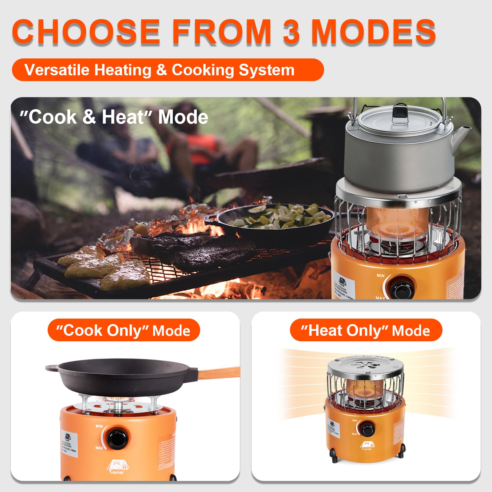 Caynel 2-in-1 Portable Propane Heater and Stove for Outdoor Camping, Hiking, Hunting & Survival | Dual-Purpose Gas Stove with Handheld Heater for Ice Fishing, Emergency Heating & Tent Warmth (Orange)