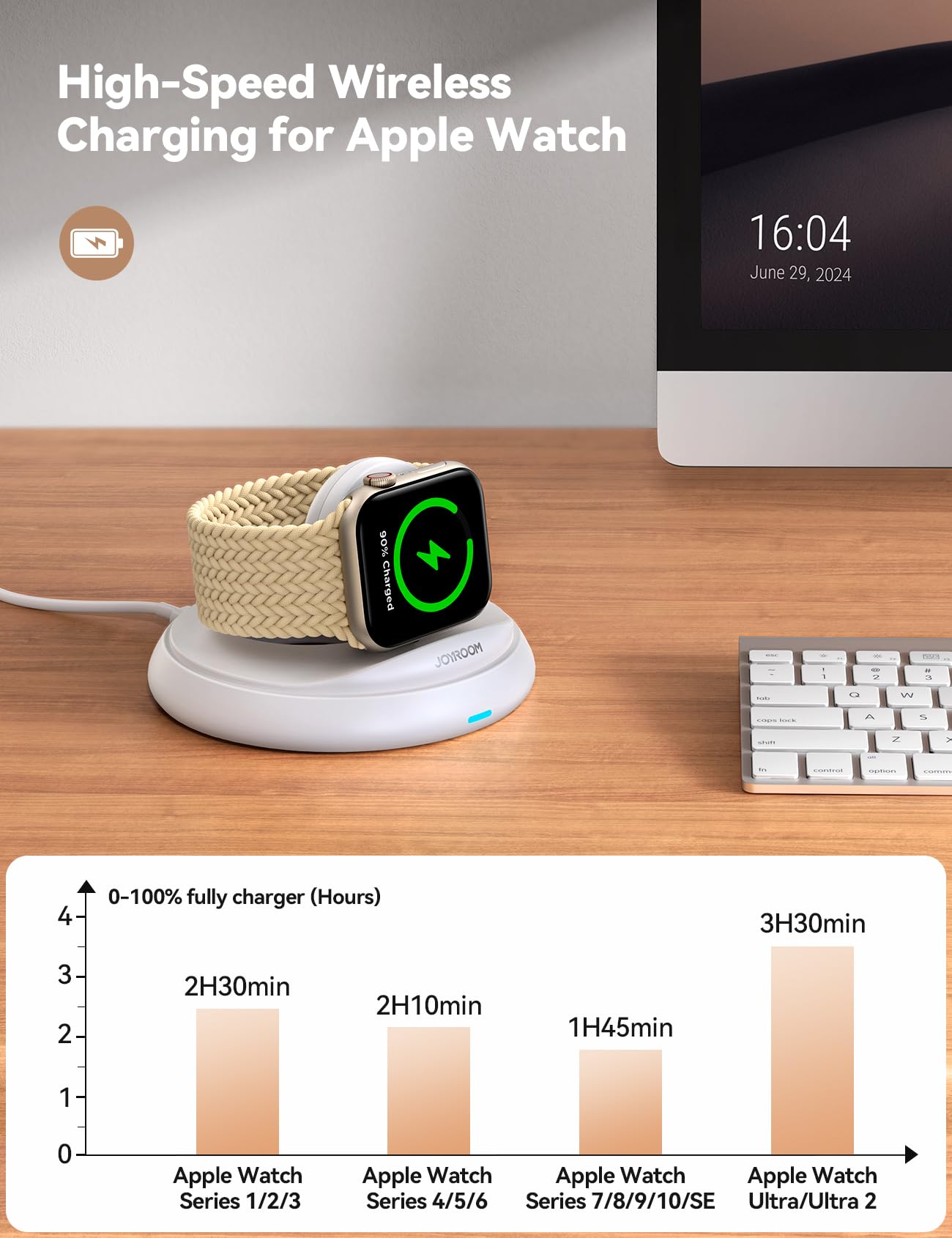 JOYROOM Magnetic Apple Watch Charger Stand - Portable & Foldable Fast Charging Dock for Apple Watch Series 10/9/8/7/6/5/SE/Ultra 2 with Nightstand Mode (White) | Perfect for Travel, Office & Bedside Charging
