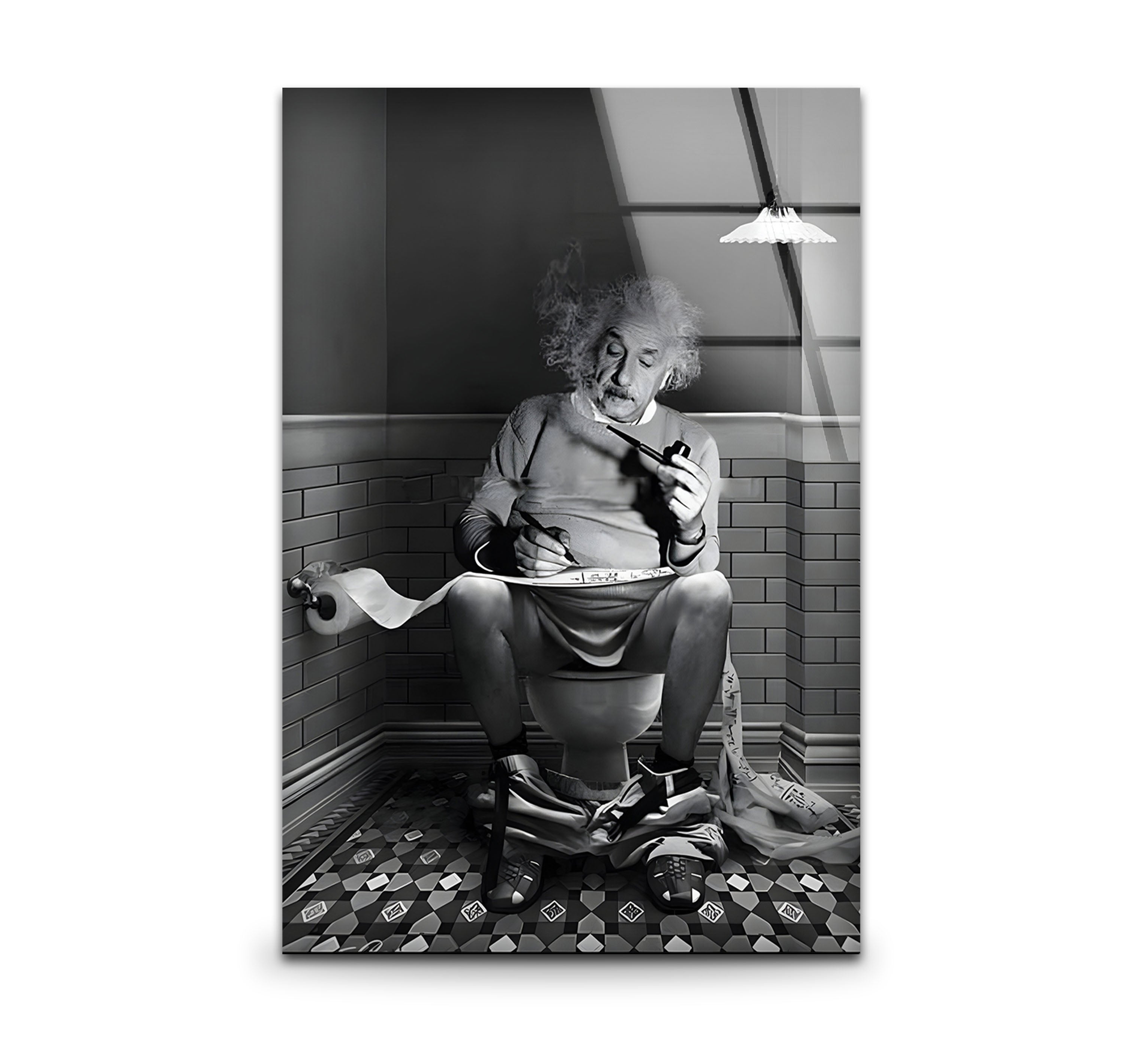 Albert Einstein in Restroom Black & White Glass Wall Art - Vintage Scientist Portrait for Bathroom Decor, Office, or Man Cave