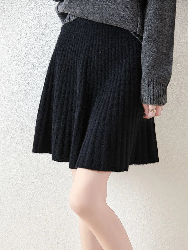 Women's 100% Wool Short Pleated Skirt - Waist Cinching Slimming Knit Pencil Skirt for Fall & Winter | Perfect for Office Wear, Date Nights & Holiday Parties