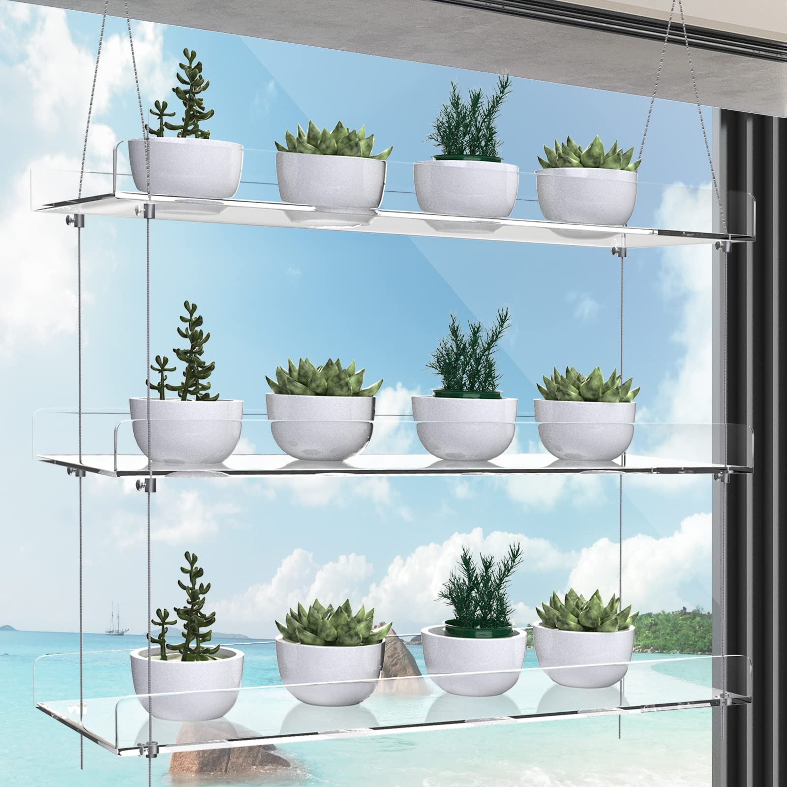 3-Tier Hanging Acrylic Plant Shelves for Windows - 16 Inch Adjustable Clear Plant Stand for Indoor Herbs, Succulents & Flowers - Perfect for Kitchen Windowsill, Balcony Gardening & Small Space Decor