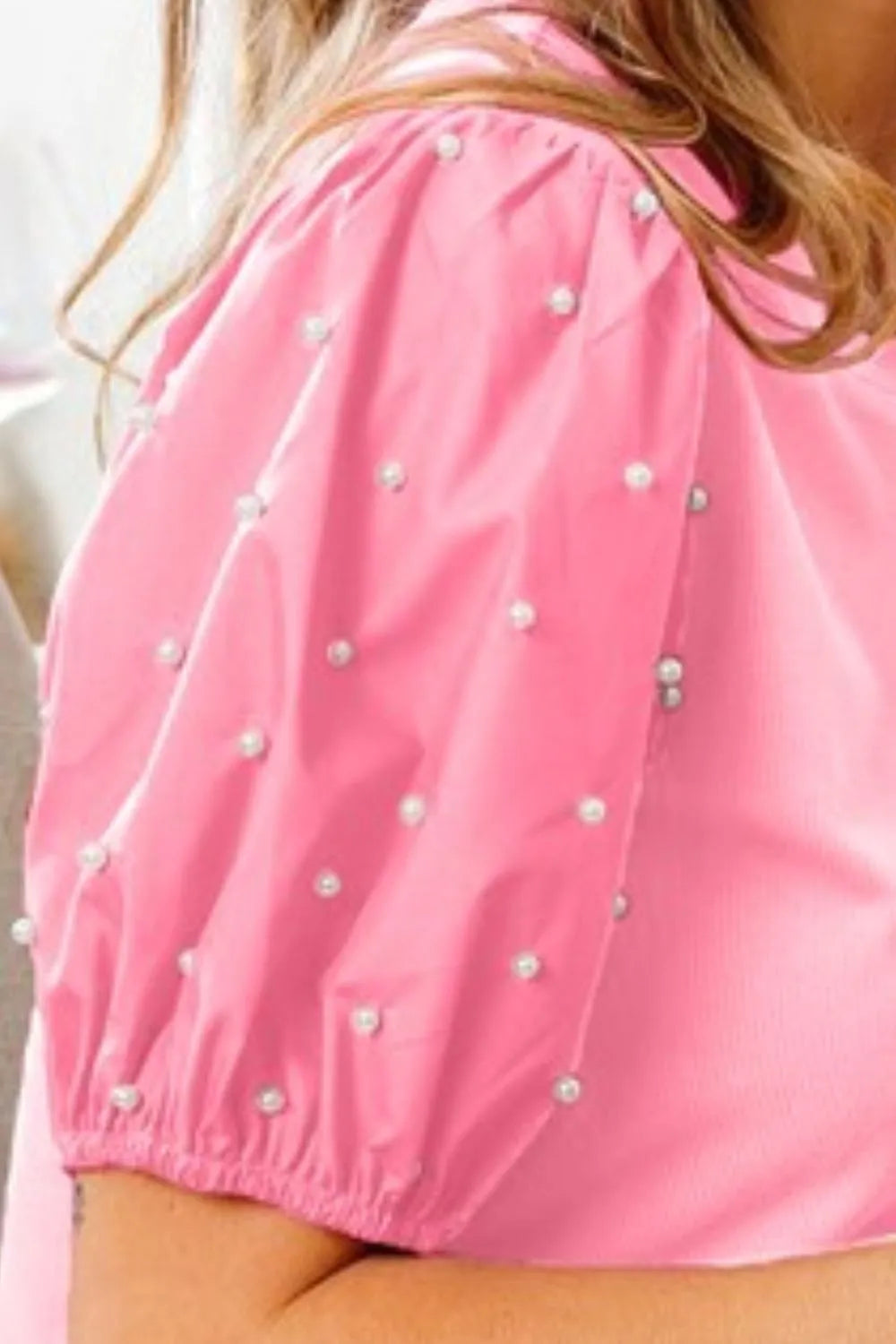 BiBi Pearl Beaded Short Puff Sleeve Top - Women's Elegant Blouse for Party, Date Night & Special Occasions