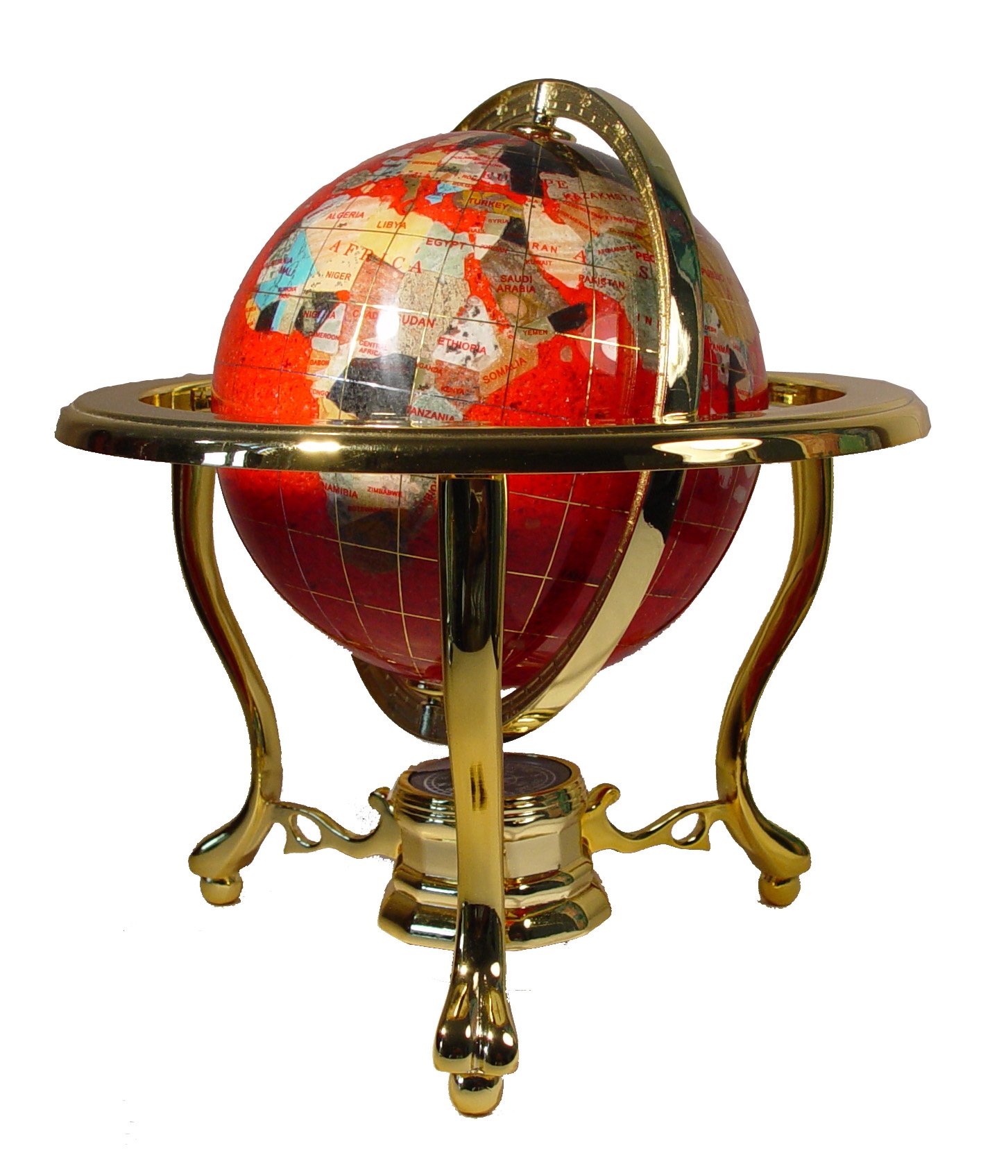 10-Inch Tall Red Crystallite Gemstone World Globe with Gold Tripod Stand - Unique Art Tabletop Decor for Home, Office, or Gift Giving