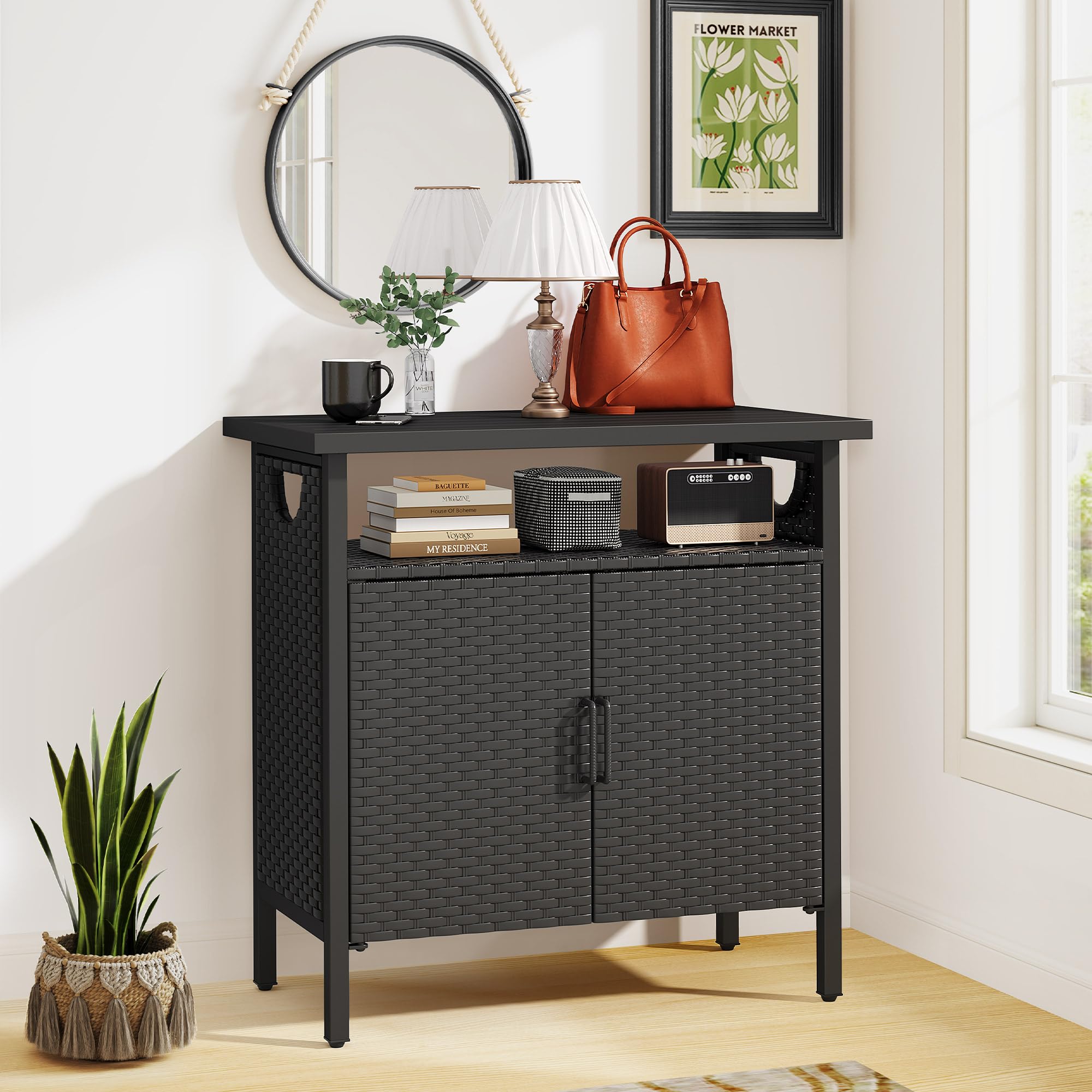 YITAHOME Black Outdoor Storage Cabinet - Patio Deck Bench with Wicker Design, Multi-Purpose Storage Console for Cushions, Pool Toys & Garden Supplies | Perfect for Backyard, Poolside & Patio Organization