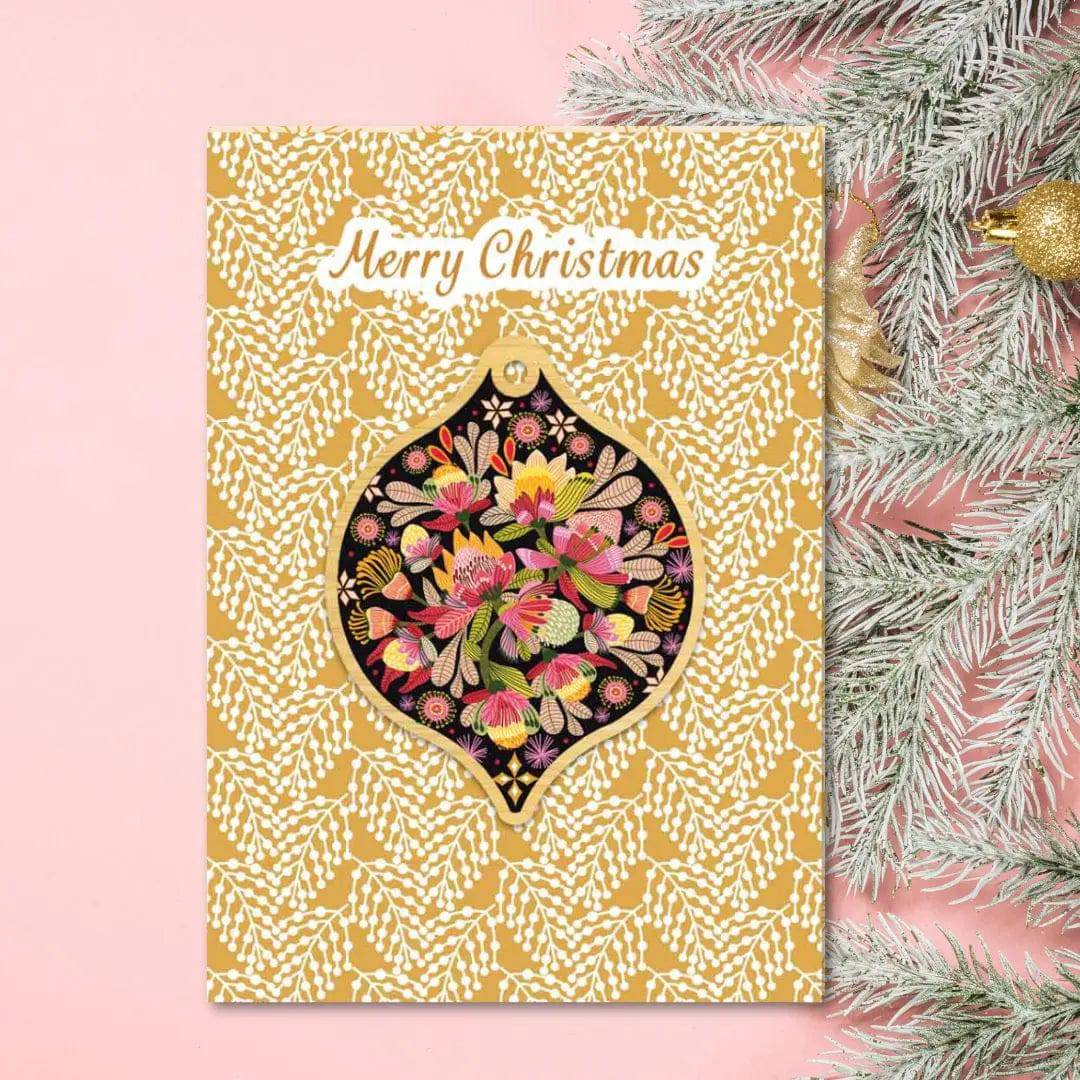 Wild Proteas Christmas Card & Wooden Ornament - Festive Holiday Greeting Card Set with Floral Design for Xmas Tree Decorations & Gift Giving