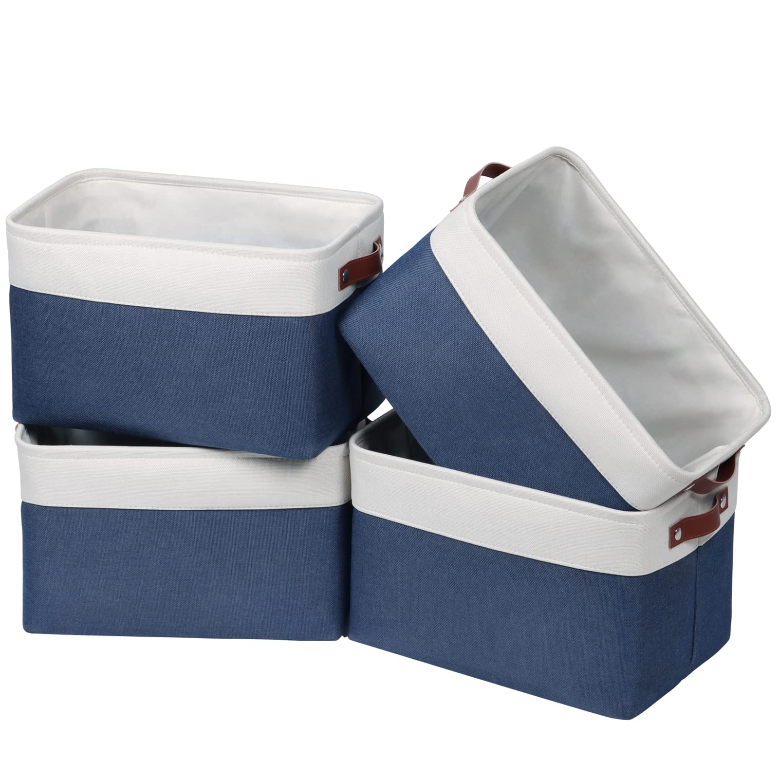 Univivi 4-Piece Large Foldable Fabric Storage Baskets with Handles & Hard Bottom (15x10.5x9.5 Inch) - Closet Organizer Bins for Shelves, Bedroom, Nursery & Office - Blue Home Organization Storage Solutions