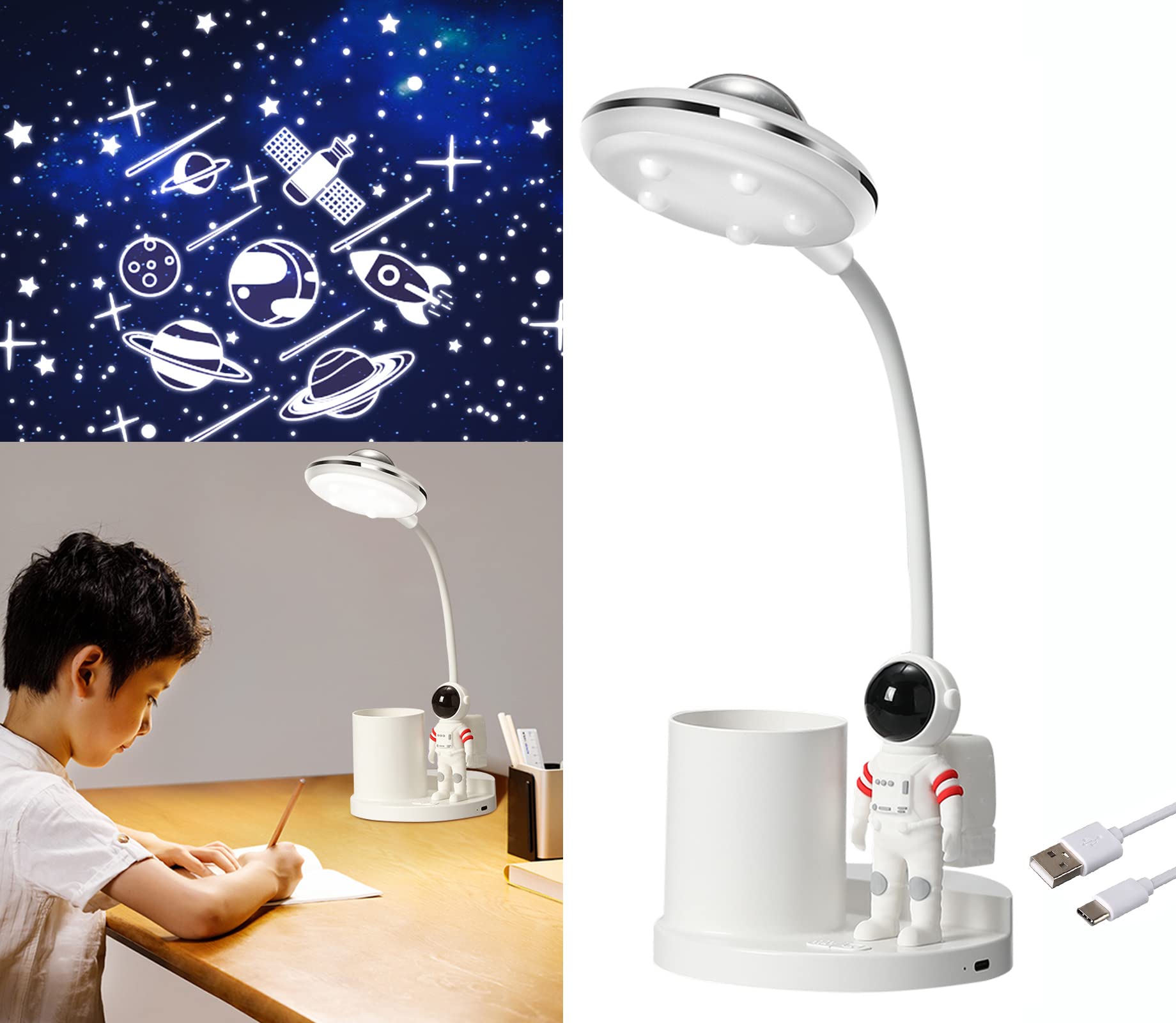 Astronaut Projection LED Desk Lamp for Kids & Teens - Stepless Dimming Eye-Caring Study Light with Pen Holder - Perfect for Bedroom Reading, Homework & Nighttime Star Projection