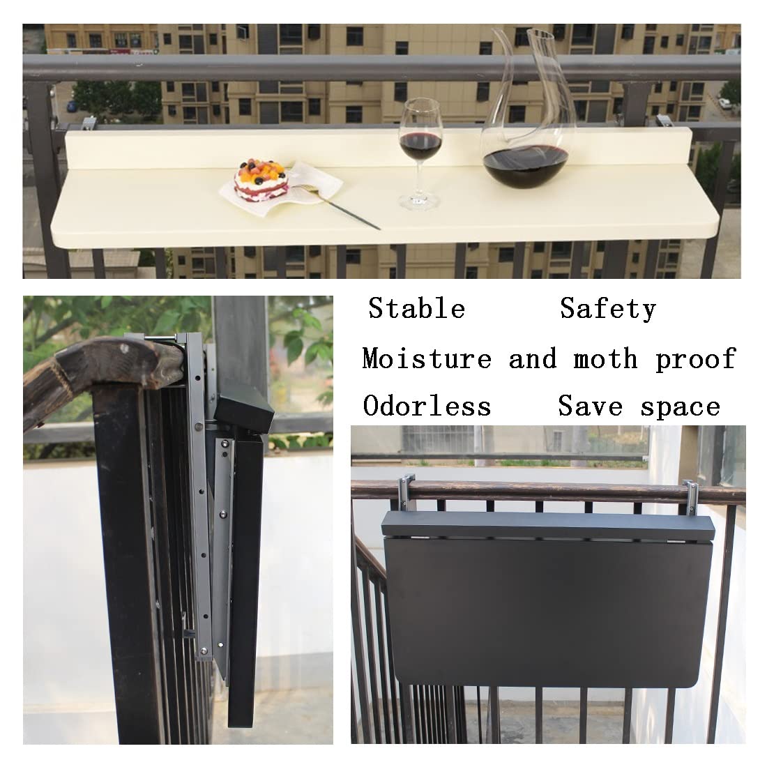 Portable Folding Side Table for Outdoor & Indoor Use - Adjustable Balcony Railing Hanging Table with Wall Mount - Perfect for Patio, Garden, Deck, Camping & Small Space Living