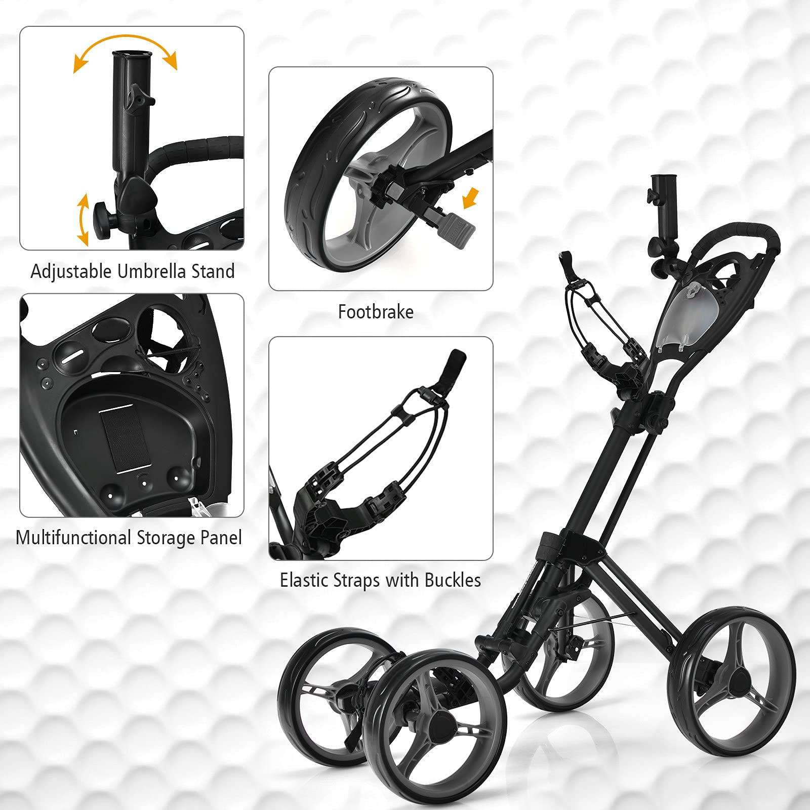 **Tangkula 4-Wheel Lightweight Aluminum Golf Push Pull Cart - Collapsible Golf Trolley with Upper/Lower Bracket, Umbrella & Cup Holder, Scoreboard Storage & Foot Brake - Perfect for Golfers on the Go**