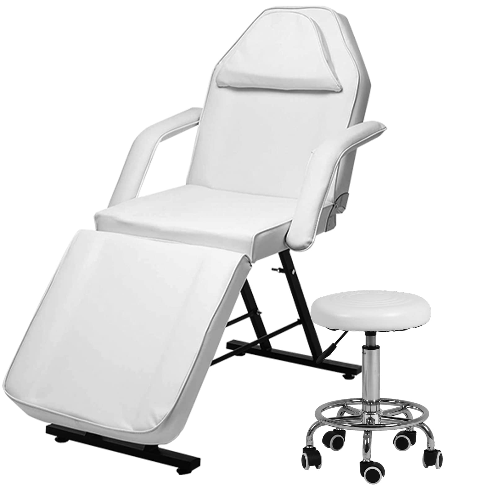 Vanimeu White Adjustable Massage Table with Stool - 3-Section Salon Tattoo Lash Bed, Removable Armrests & Headrest for Spa, 185x85x65cm - Perfect for Massage Therapy, Beauty Salon, Tattoo Parlor & Home Use
