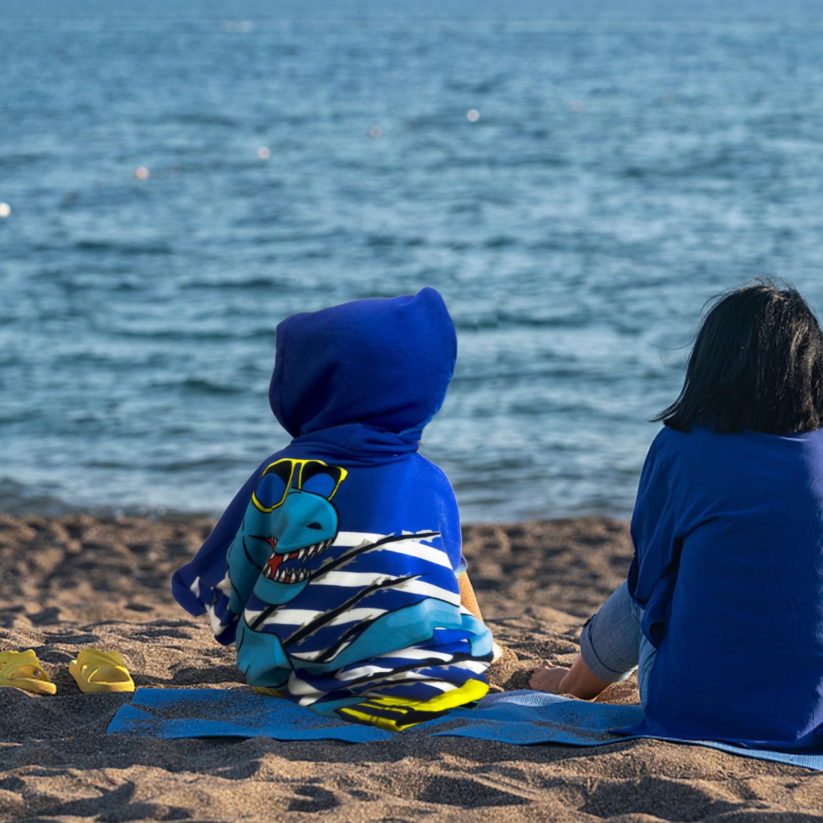 Dinosaur Hooded Kids Beach Towel - Quick Dry Lightweight Soft Microfiber Swim Cover-up for Toddlers Ages 1-6 | Boys & Girls Bath Towel 24x23 Inches | Perfect for Pool, Beach, Swimming Lessons & After Bath Wrap (Navy Blue)