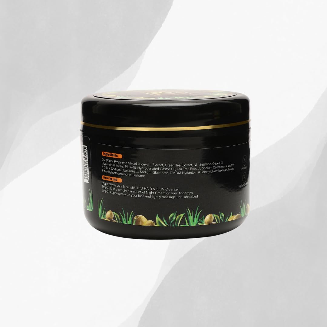 TRU HAIR & SKIN Green Tea & Niacinamide Night Cream for Acne Prone Skin - 50g | Fades Acne & Dark Spots | Hydrating Anti-Aging Face Moisturizer | Perfect for Nighttime Skincare Routine