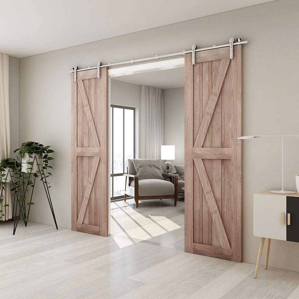 TSMST 6FT Heavy Duty Stainless Steel Sliding Barn Door Hardware Kit - Smooth Quiet Double Wood Door Track (I Style) - Perfect for Home Office, Bedroom & Rustic Interior Design