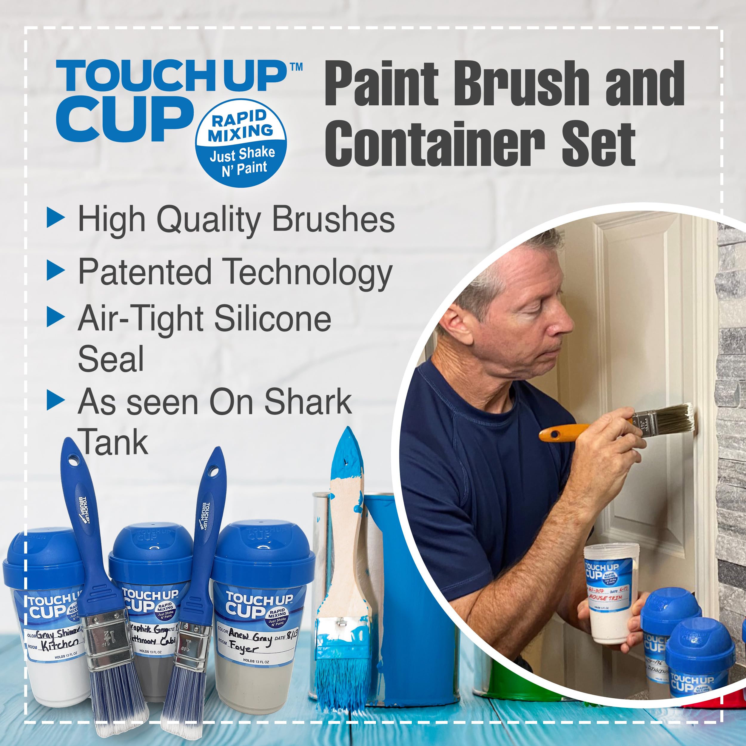 Touch Up Paint Storage Containers with Lids & Brushes Set - 3 Plastic Paint Cups & 2 Brushes for Home Improvement, DIY Projects, Wall Repair - As Seen on Shark Tank