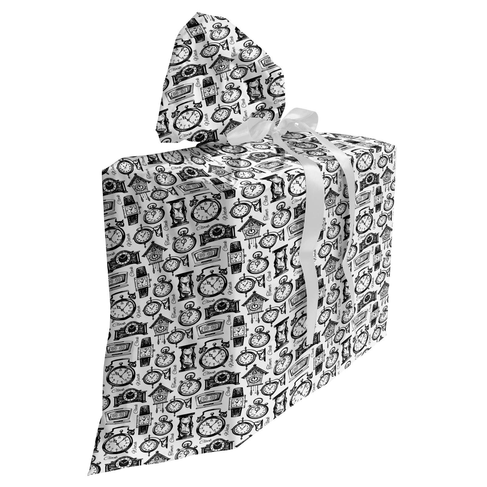 Ambesonne Vintage Monochrome Clock Fabric Gift Bag - Hand Drawn Watch Illustration, Black and White Present Sack with 3 Ribbons (27