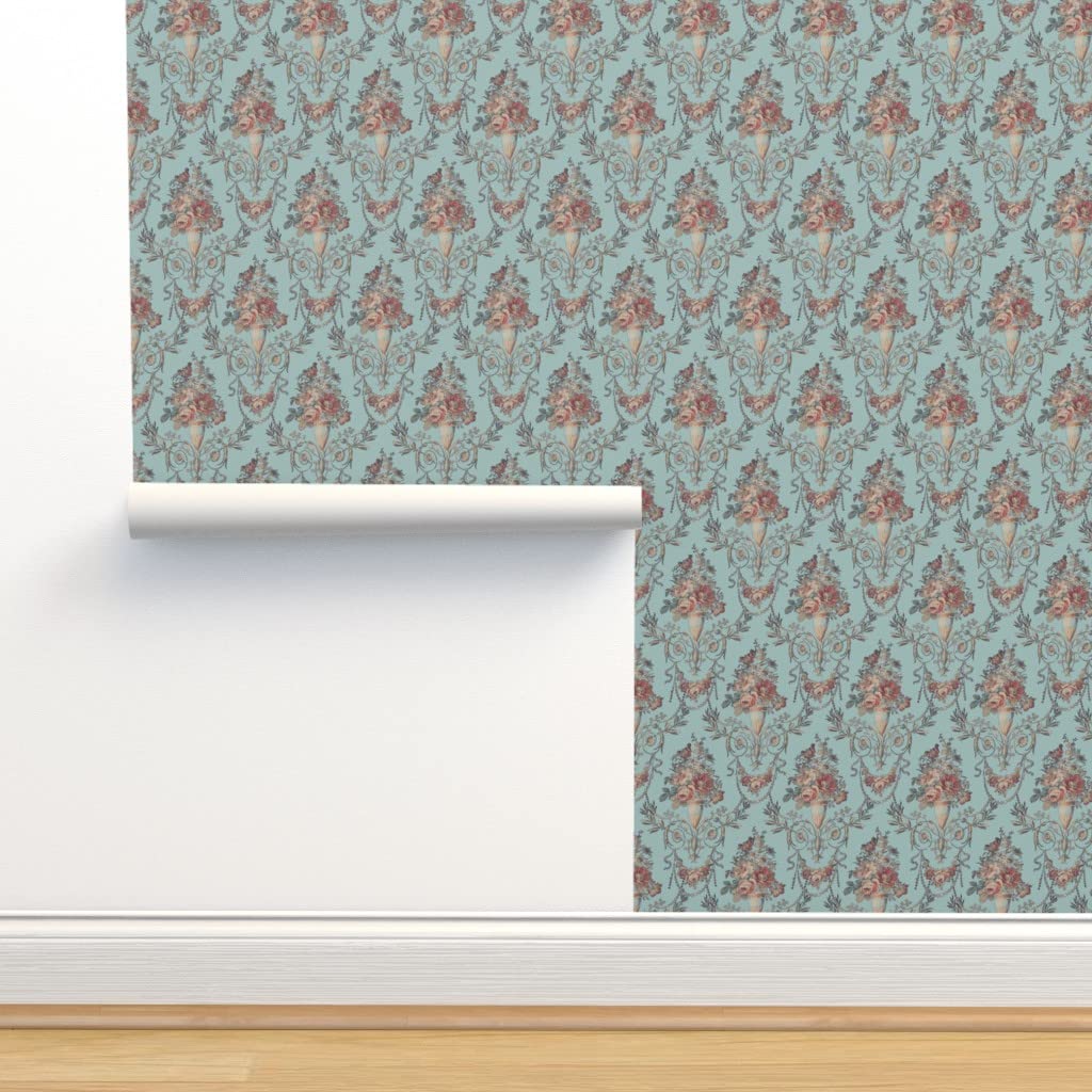 Removable Wallpaper 12ft x 2ft - Blue French Toile Floral Design with Vintage Vases | Self-Adhesive Peel & Stick Wallpaper for Bedroom, Living Room, Nursery Decor | Easy to Install & Remove
