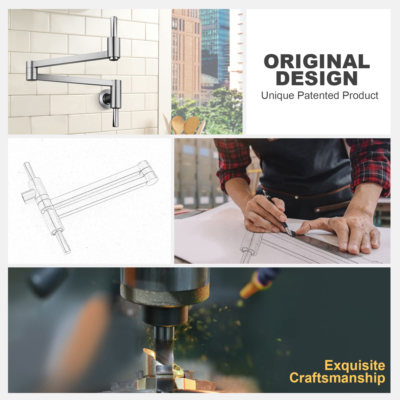 WOWOW Brass Pot Filler Faucet - Wall Mount Kitchen Sink Faucet with Folding Stretchable Double Joint Swing Arm in Brushed Nickel - Perfect for Cooking, Filling Large Pots & Easy Kitchen Cleanup