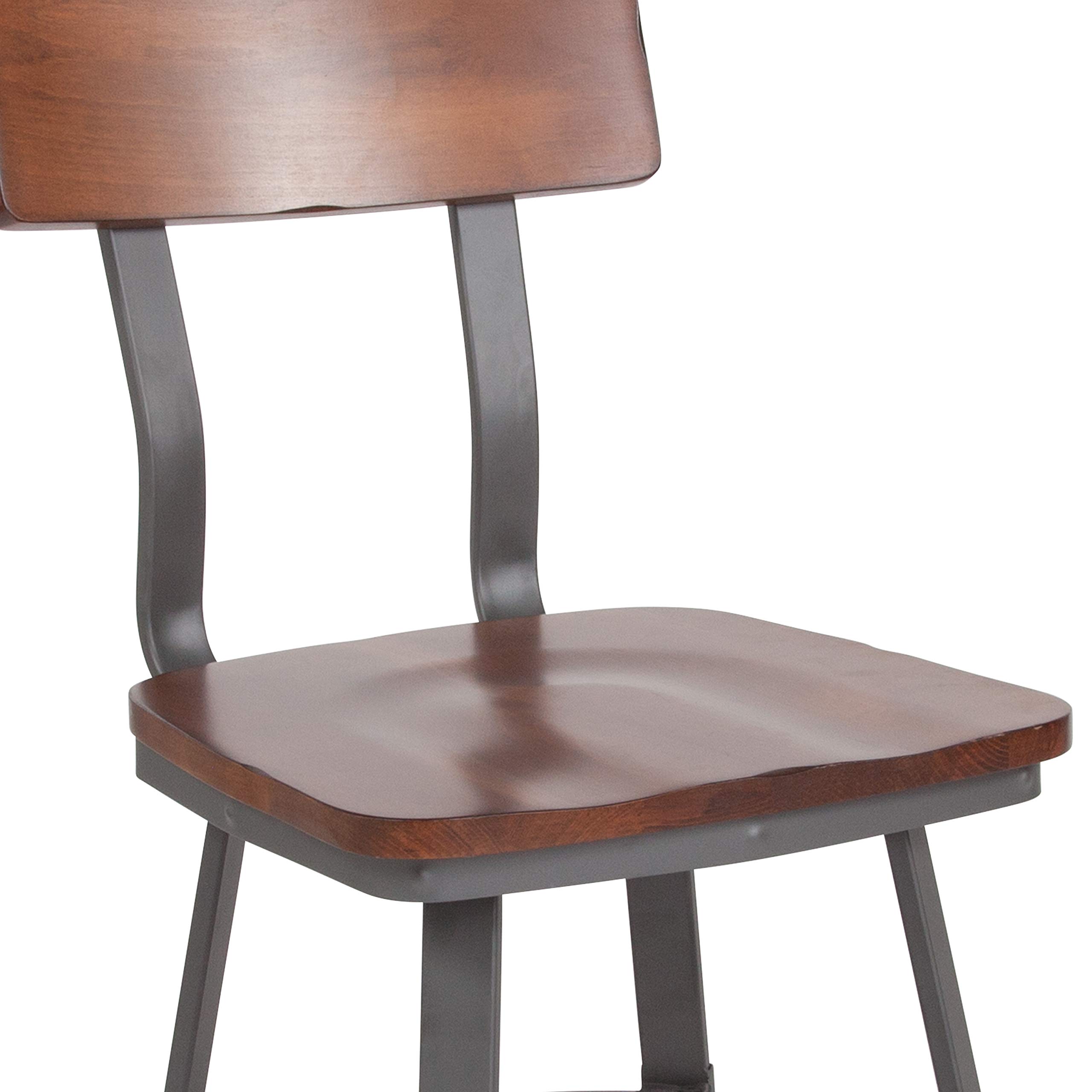 EMMA + OLIVER Rustic Walnut Dining Chair with Wood Back & Seat, Gray Metal Frame - Perfect for Farmhouse Kitchen, Dining Room & Restaurant Decor