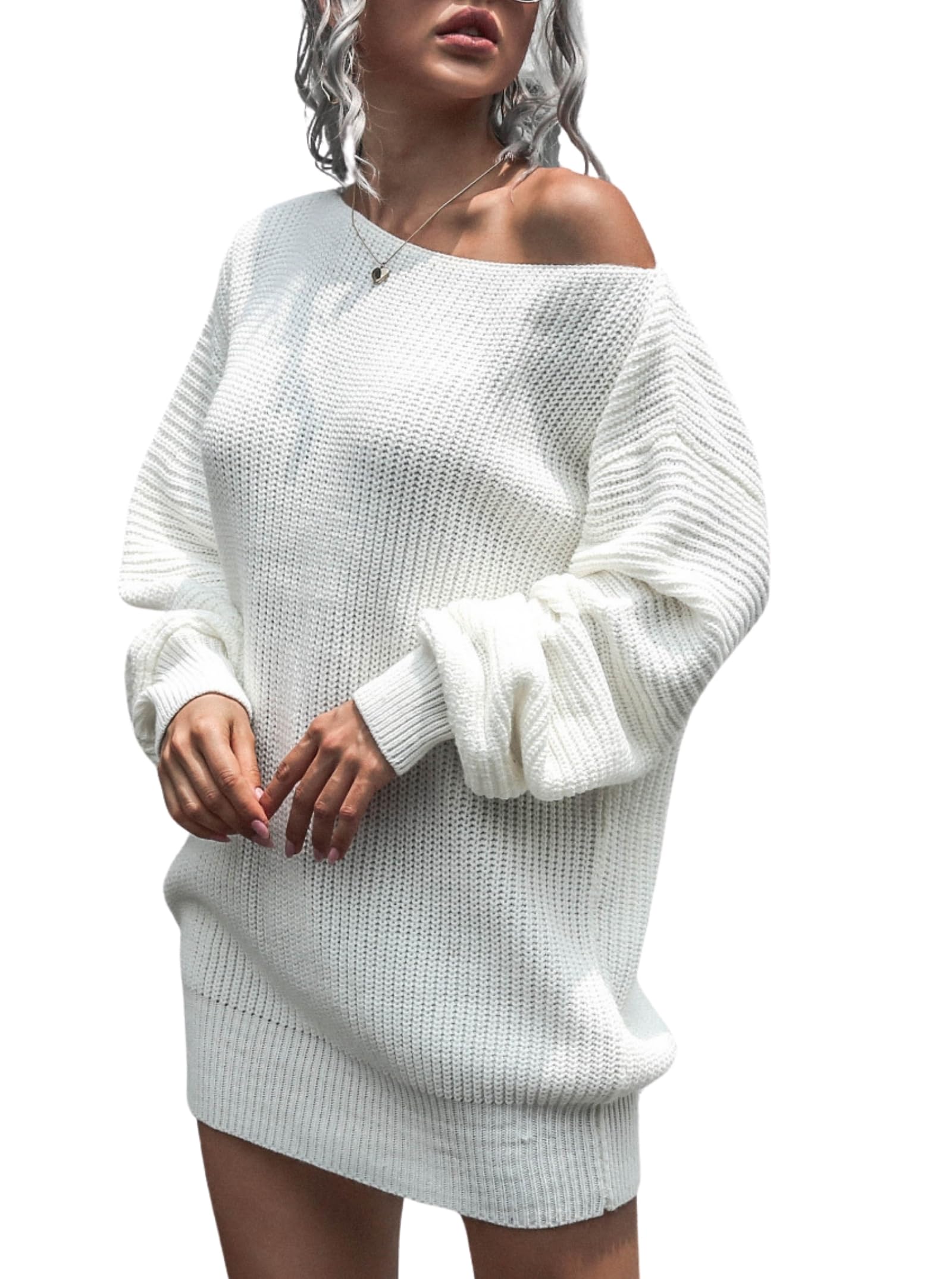 Women's Off Shoulder Sweater Dress - Long Sleeve Tunic Top, Casual Oversized Solid Color Knitwear | Perfect for Fall/Winter Layering, Date Nights & Office Wear
