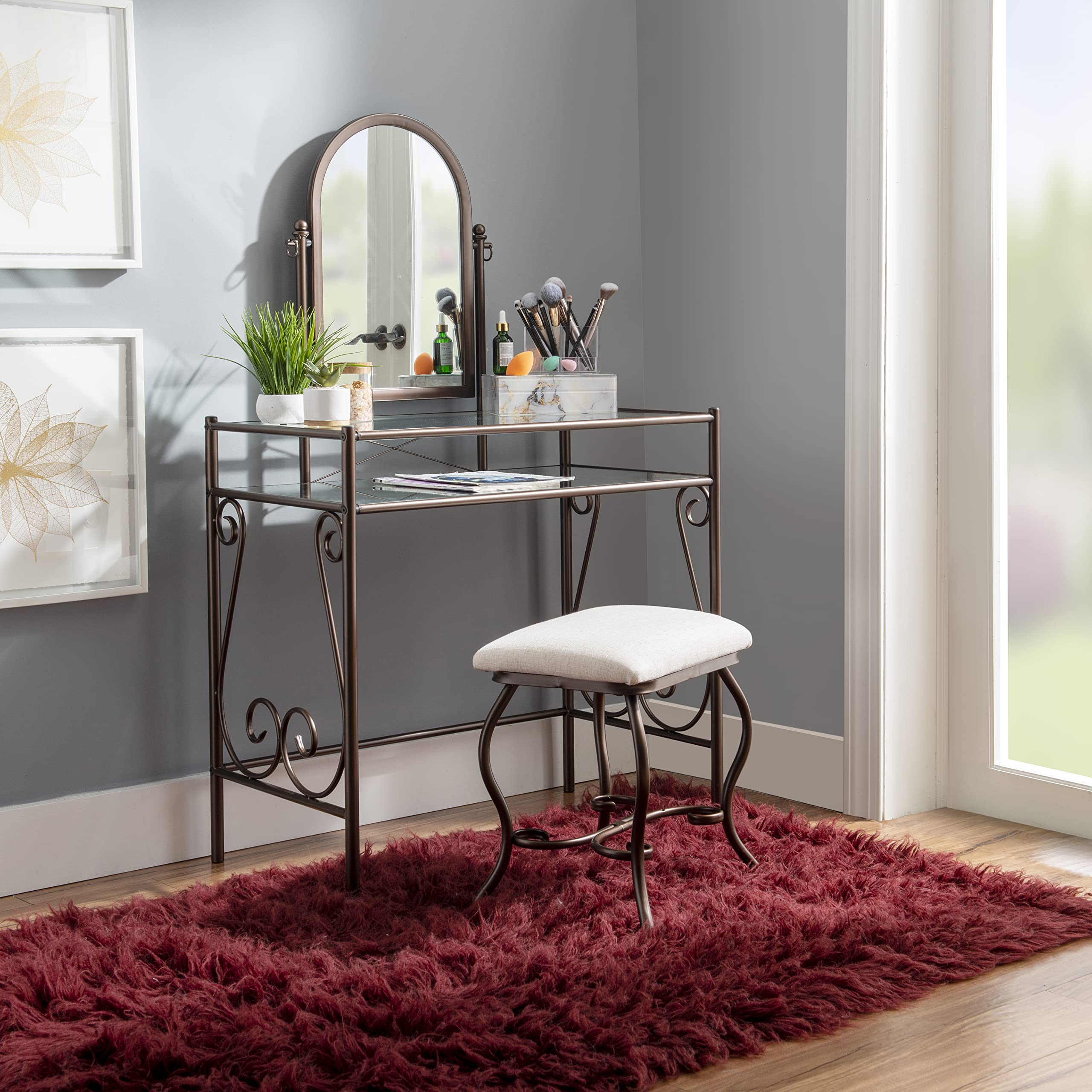 Linon Clarisse Vanity Set - Dark Metal Dressing Table with Upholstered Stool, 52.4 x 31.8 x 18.3 Inches - Perfect for Bedroom Makeup & Jewelry Organization