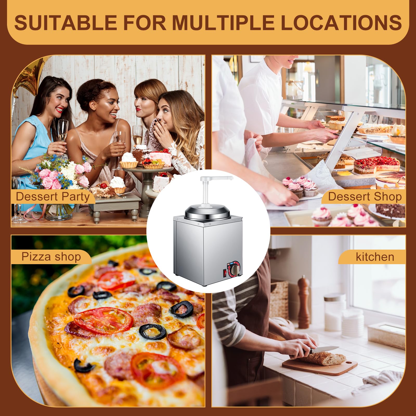 Commercial Stainless Steel Nacho Cheese Dispenser with 2 Pumps - 2.64 Qt Hot Fudge Warmer for Cheese, Caramel & Chocolate - Perfect for Movie Theaters, Concession Stands & Catering Events