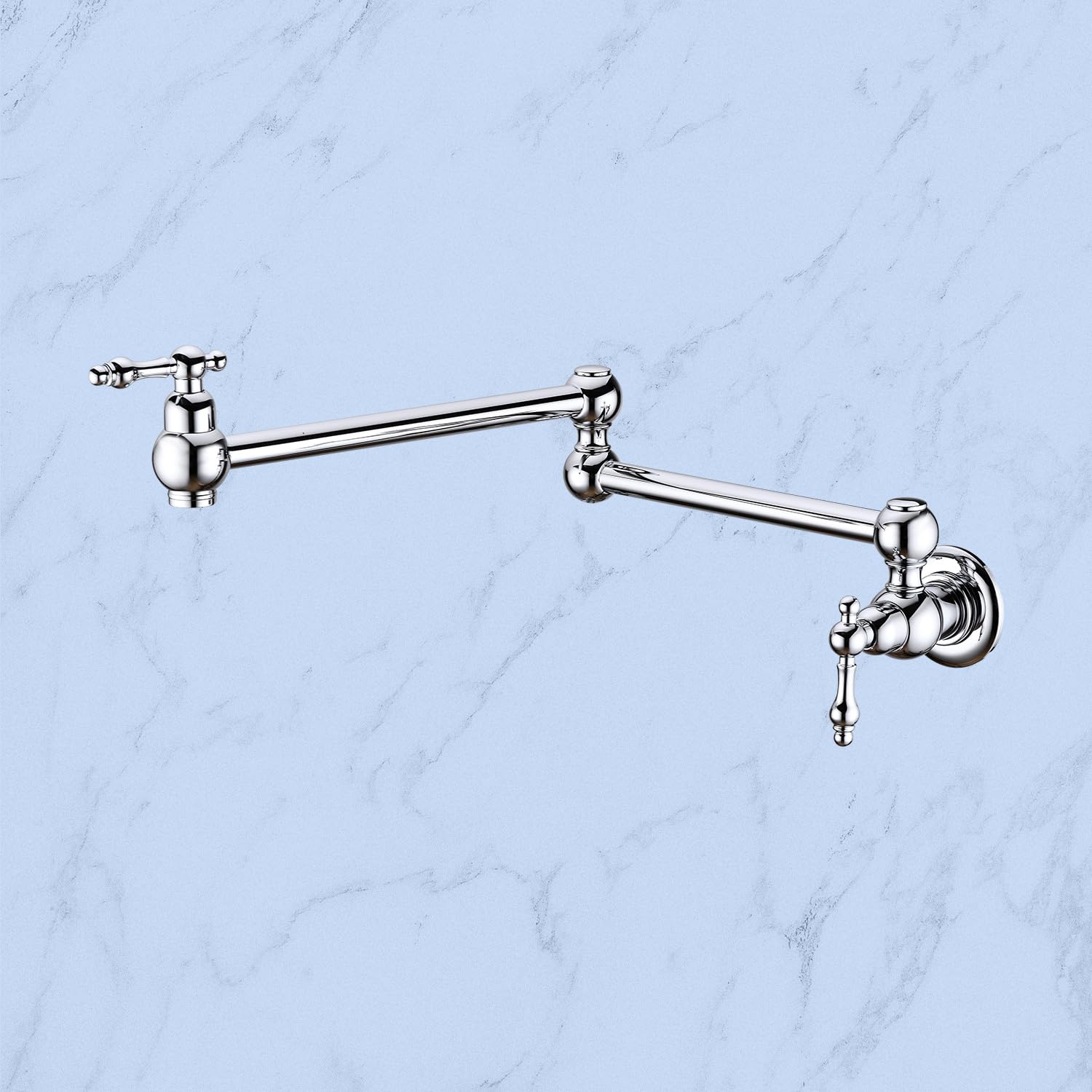 Wall Mounted Brass Pot Filler Faucet - Folding Stretchable Swing Arm with Dual Handles for Kitchen & Restaurant (Chrome Finish) | Perfect for Filling Large Pots, Stockpots & Cooking Vessels