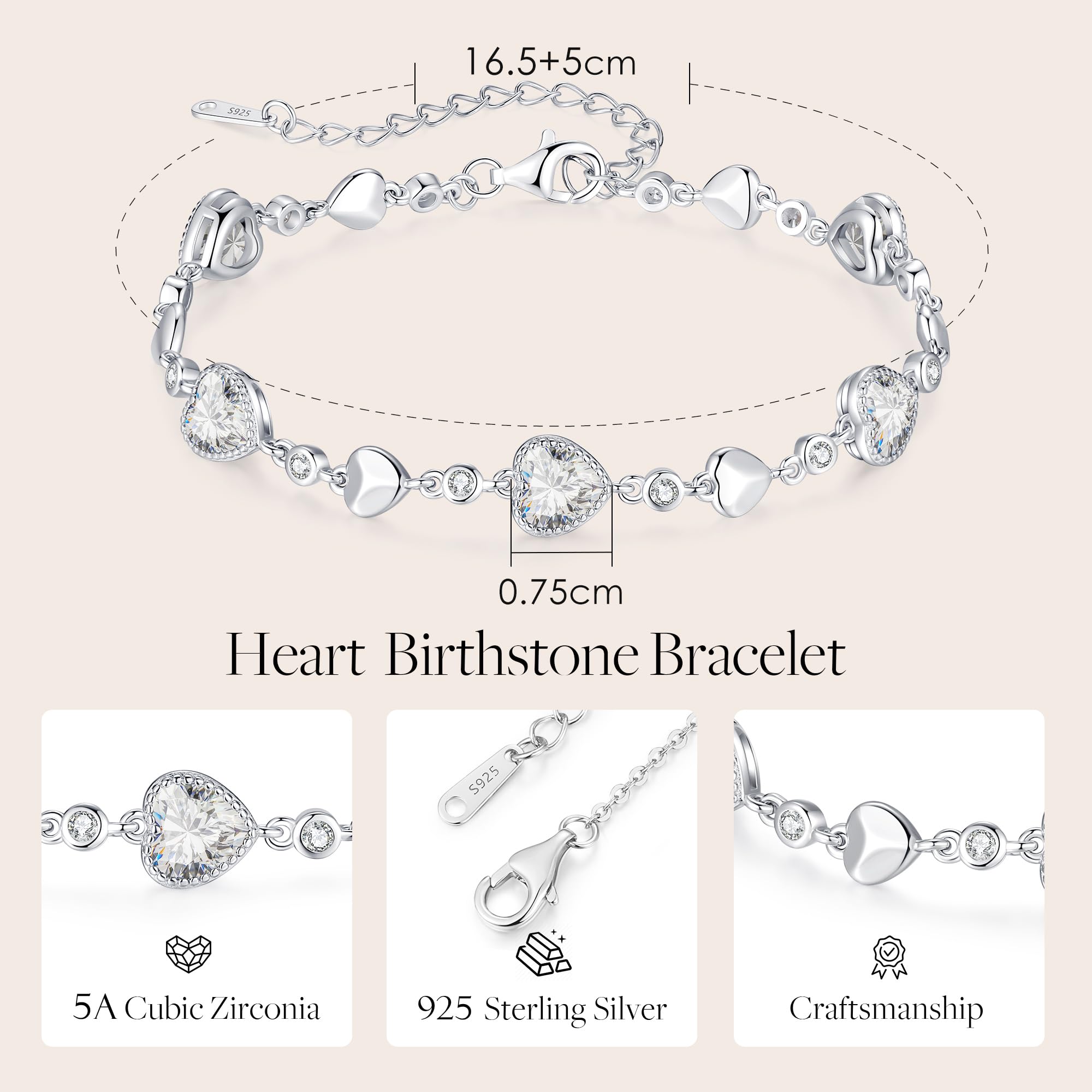 LOUISA SECRET 925 Sterling Silver Five Love Heart Birthstone Bracelet for Women - Elegant Charm Link Bracelet Gift for Wife, Mom, Girlfriend - Perfect for Birthday, Anniversary, Christmas & Everyday Wear